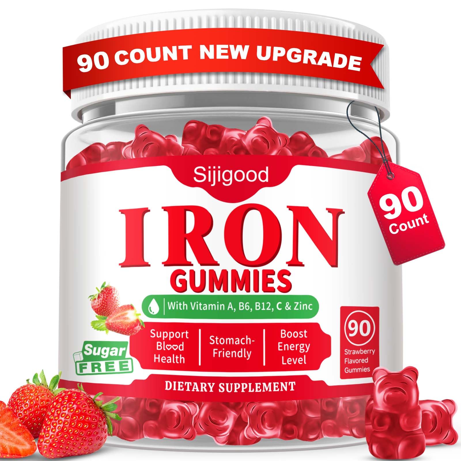 Sijigood bonbons fer – bouteille 90 quantités, soutien potentiel à l’oxygène et énergie.