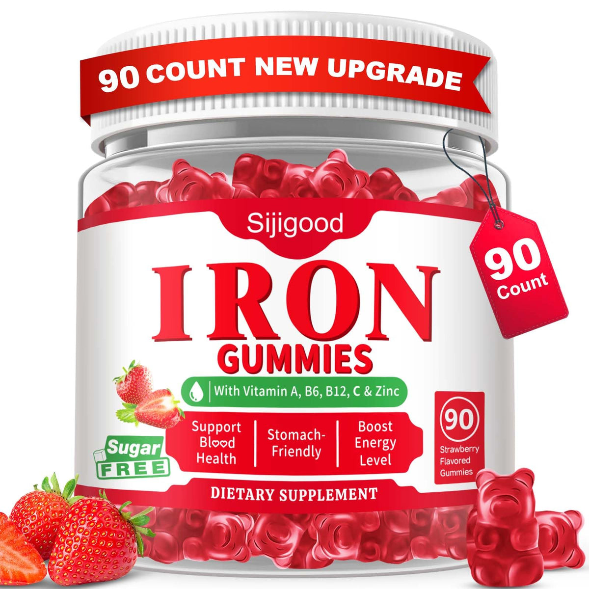Sijigood bonbons fer – bouteille 90 quantités, soutien potentiel à l’oxygène et énergie.