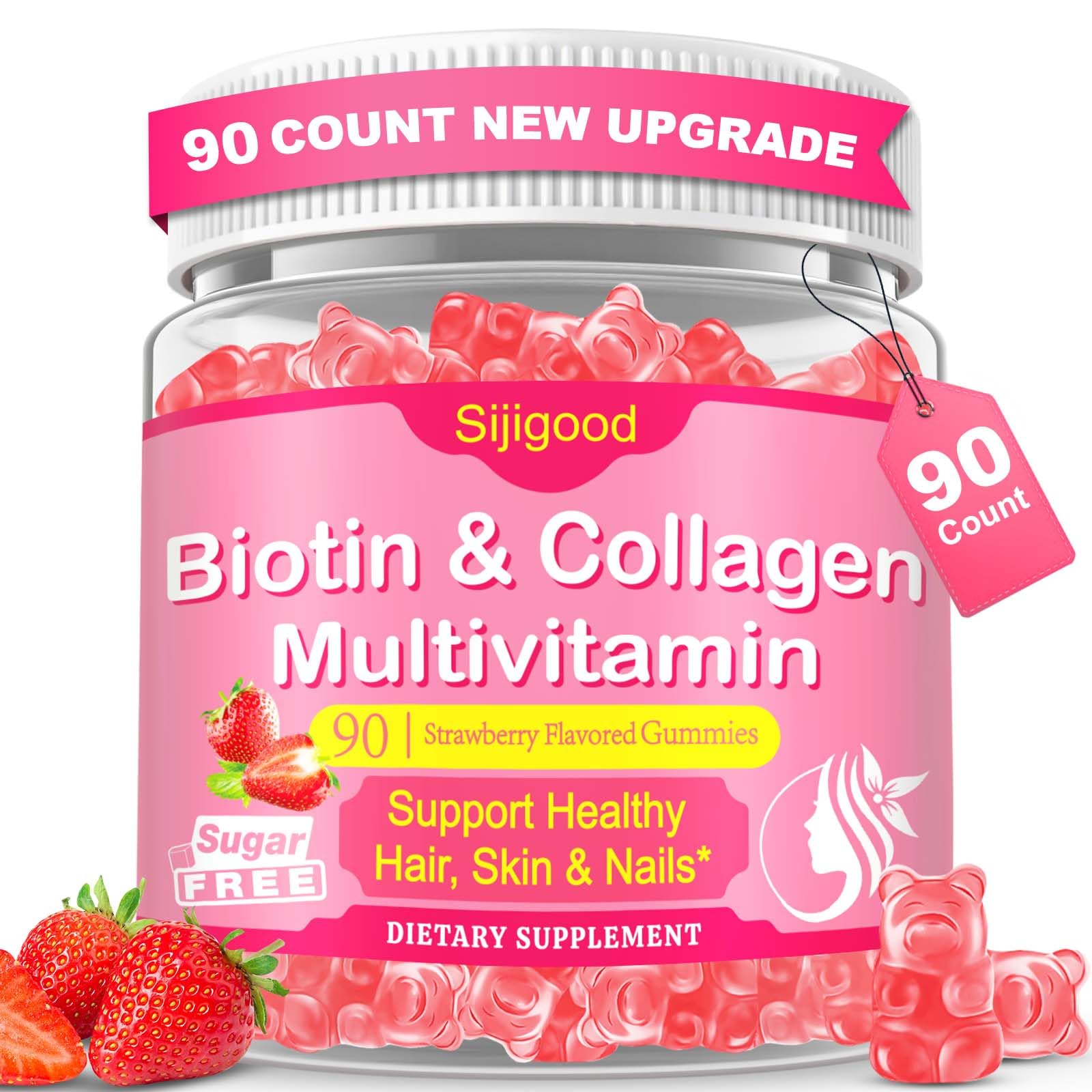 Sijigood gommes collagene multi – bouteille visible, soutien potentiel pour peau et cheveux.