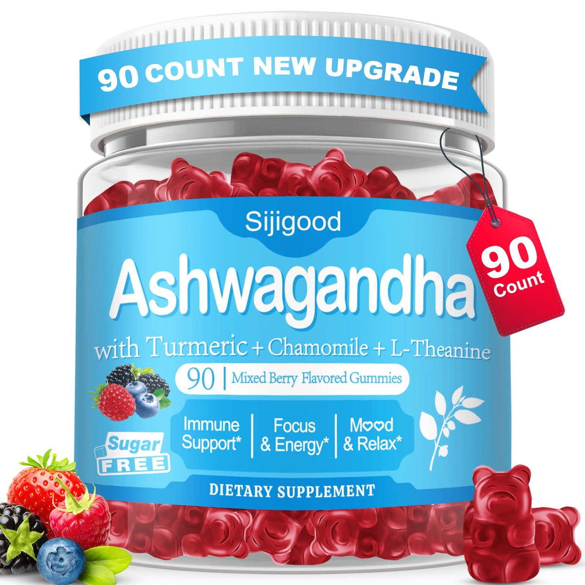 Gommes Sijigood Ashwagandha dans la bouteille, soutien à l'équilibre quotidien.