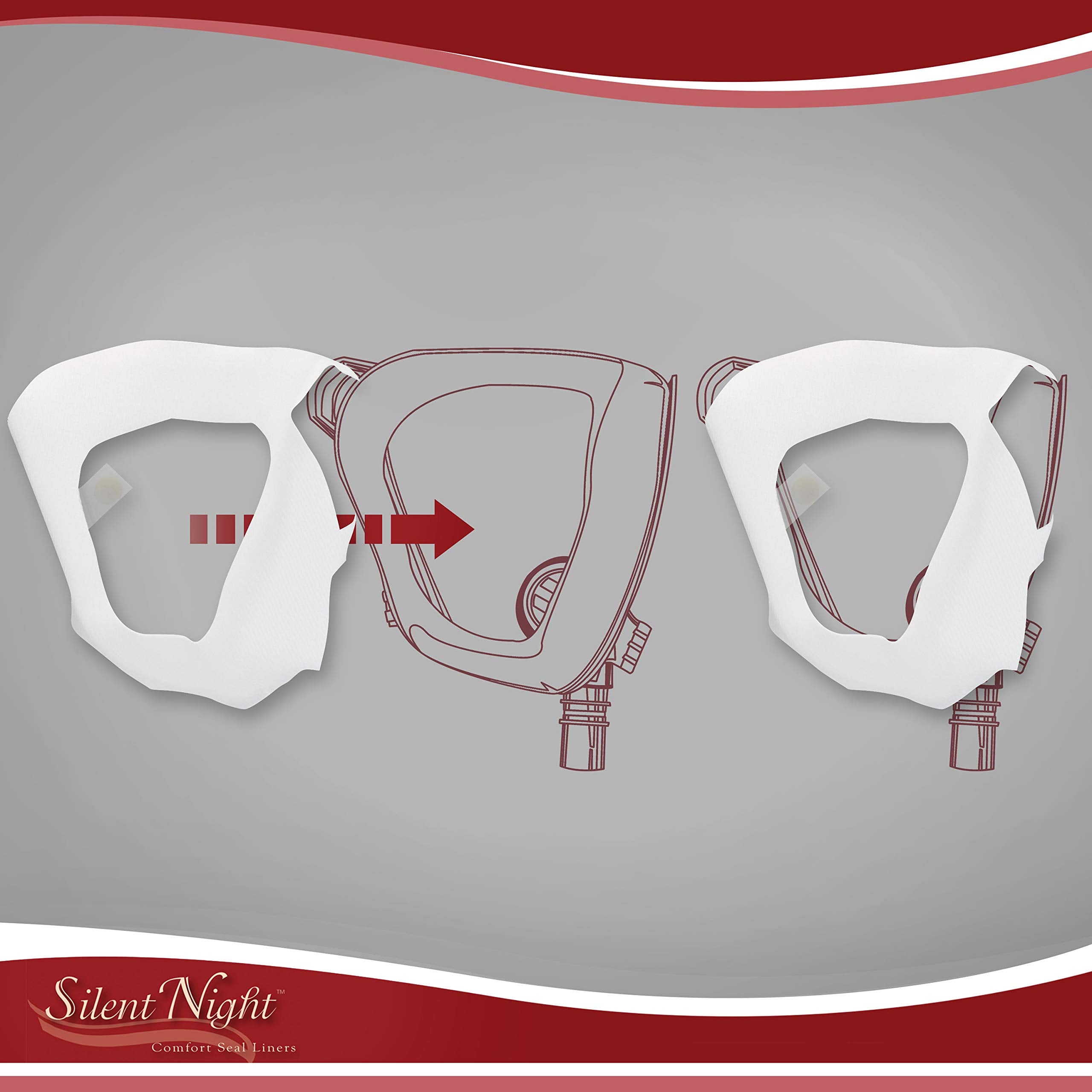 Silent Night Fitlife CPAP liner avec onglets adhésifs Quick Stick pour fixation sécurisée.