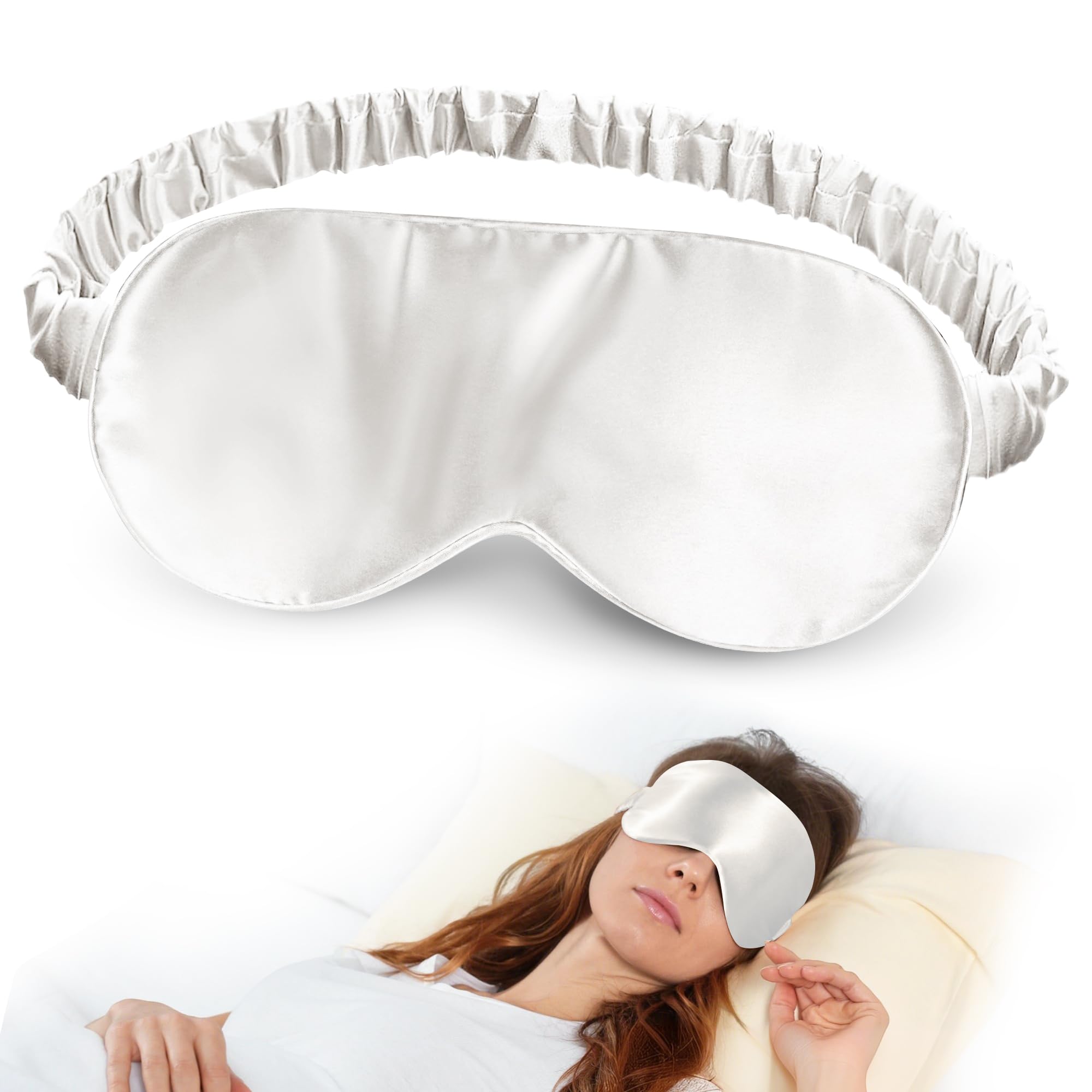 Silk Dream - masque-sommeil en soie Mulberry 100% sur fond blanc, douceur cutanée.