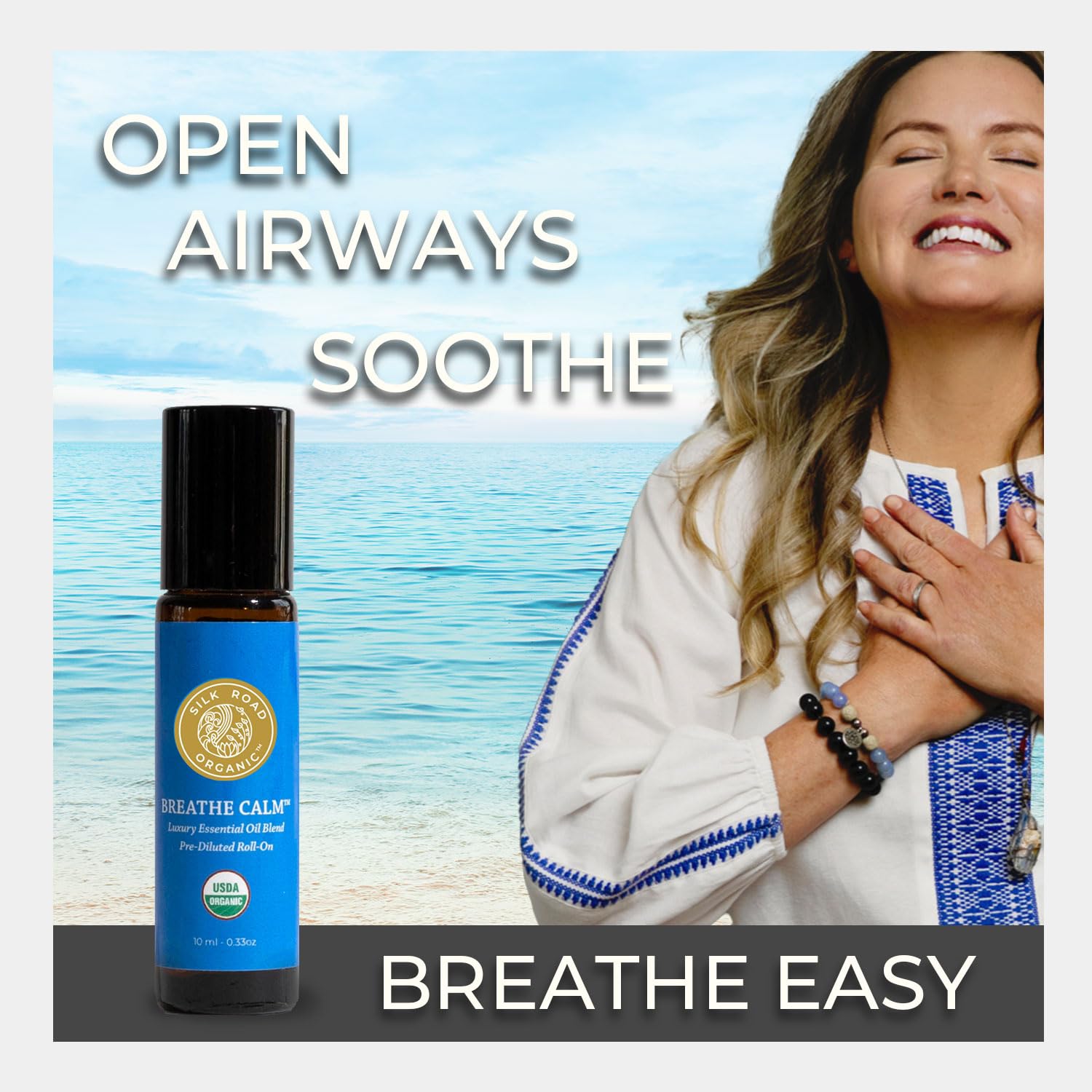Silk Road Organic Menthe Lavande Rouleau 10 ml, application sur le poignet.
