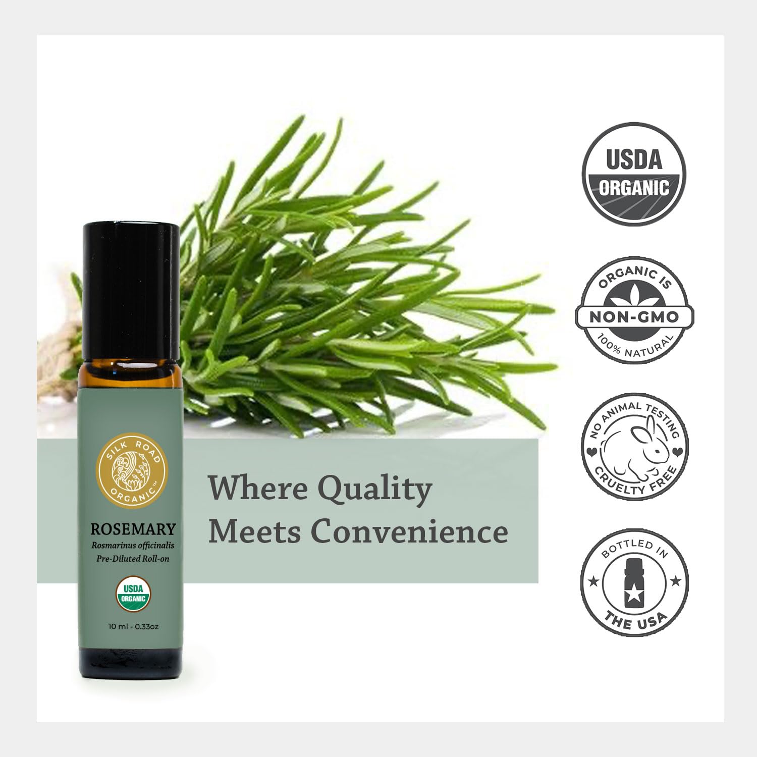 Silk Road Organic rouleau-application romarin-jojoba, pratique pour soins capillaires.
