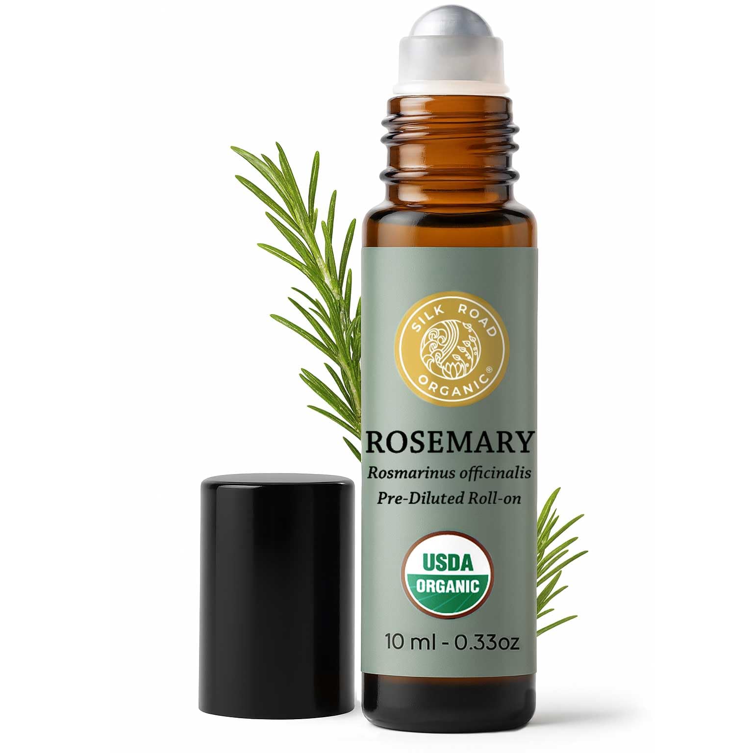Silk Road Organic rouleau romarin-jojoba, bouteille 10 ml pratique en déplacement.
