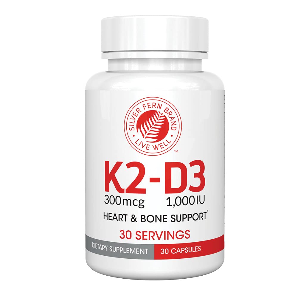 Silver Fern K2-D3, bouteille 60 capsules, soutien potentiel pour la santé osseuse et l'énergie.