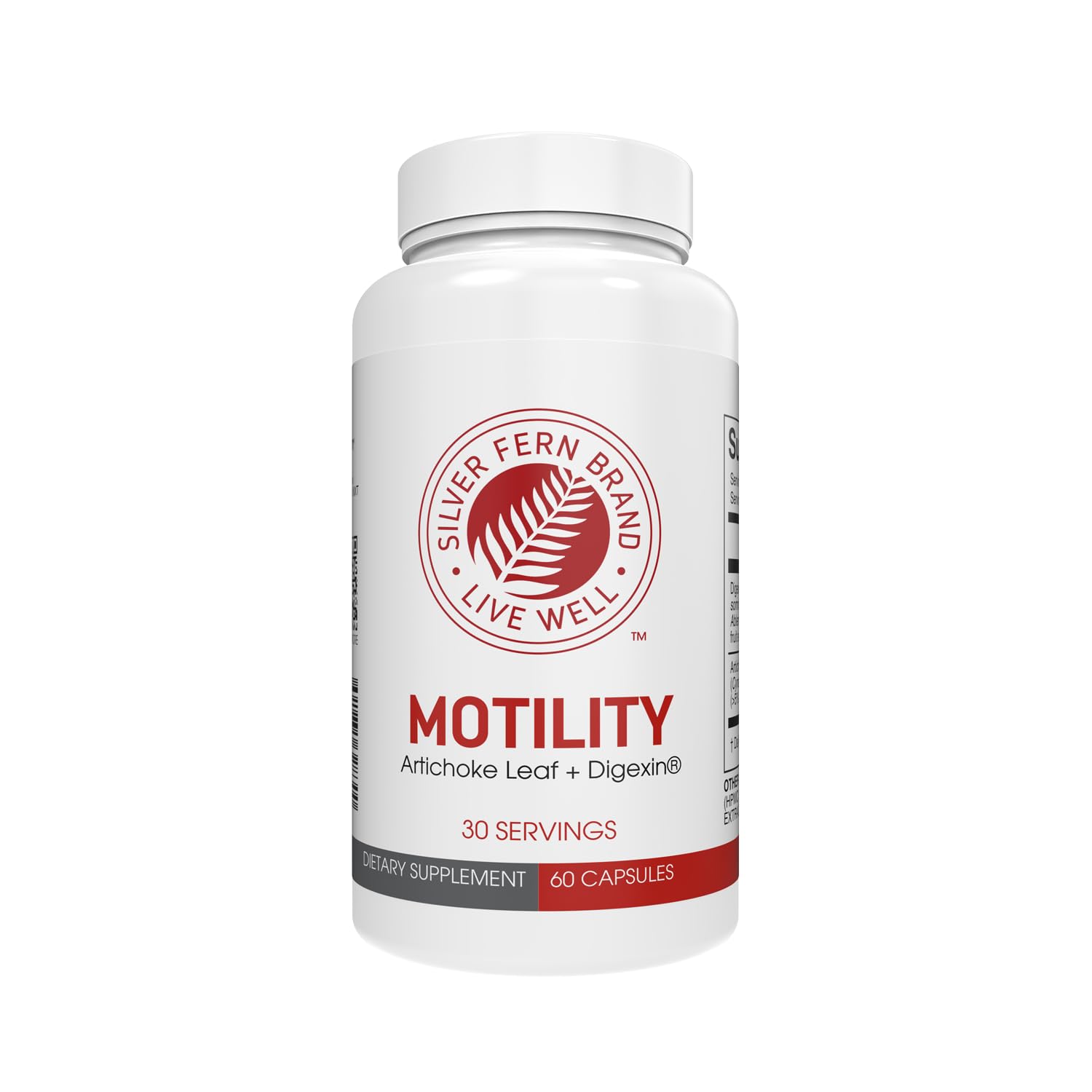 Silver Fern Motility – bouteille et capsules sur fond clair, soutien potentiel de la mobilité digestive.