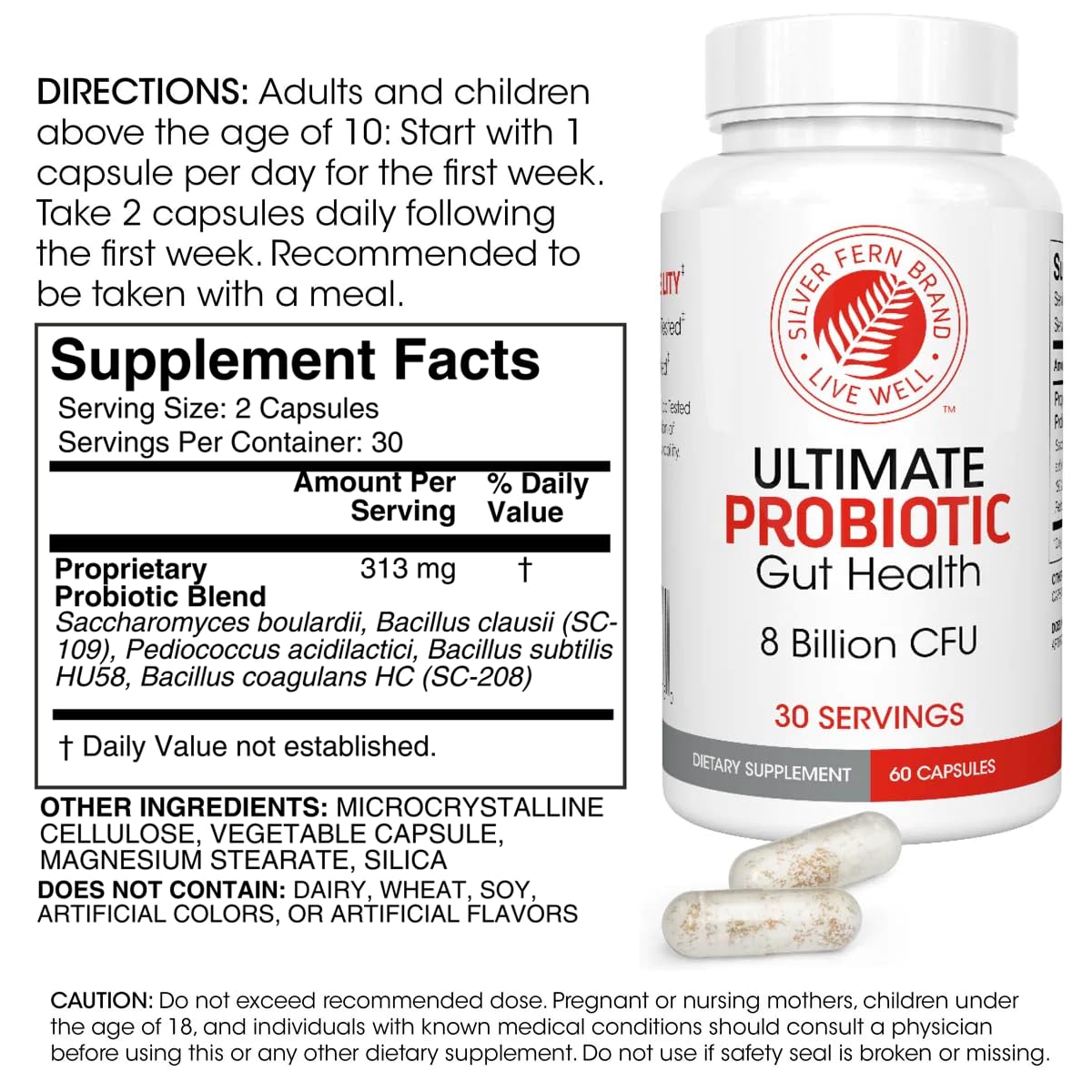Capsules véganes Silver Fern Probiotique faciles à avaler au quotidien.