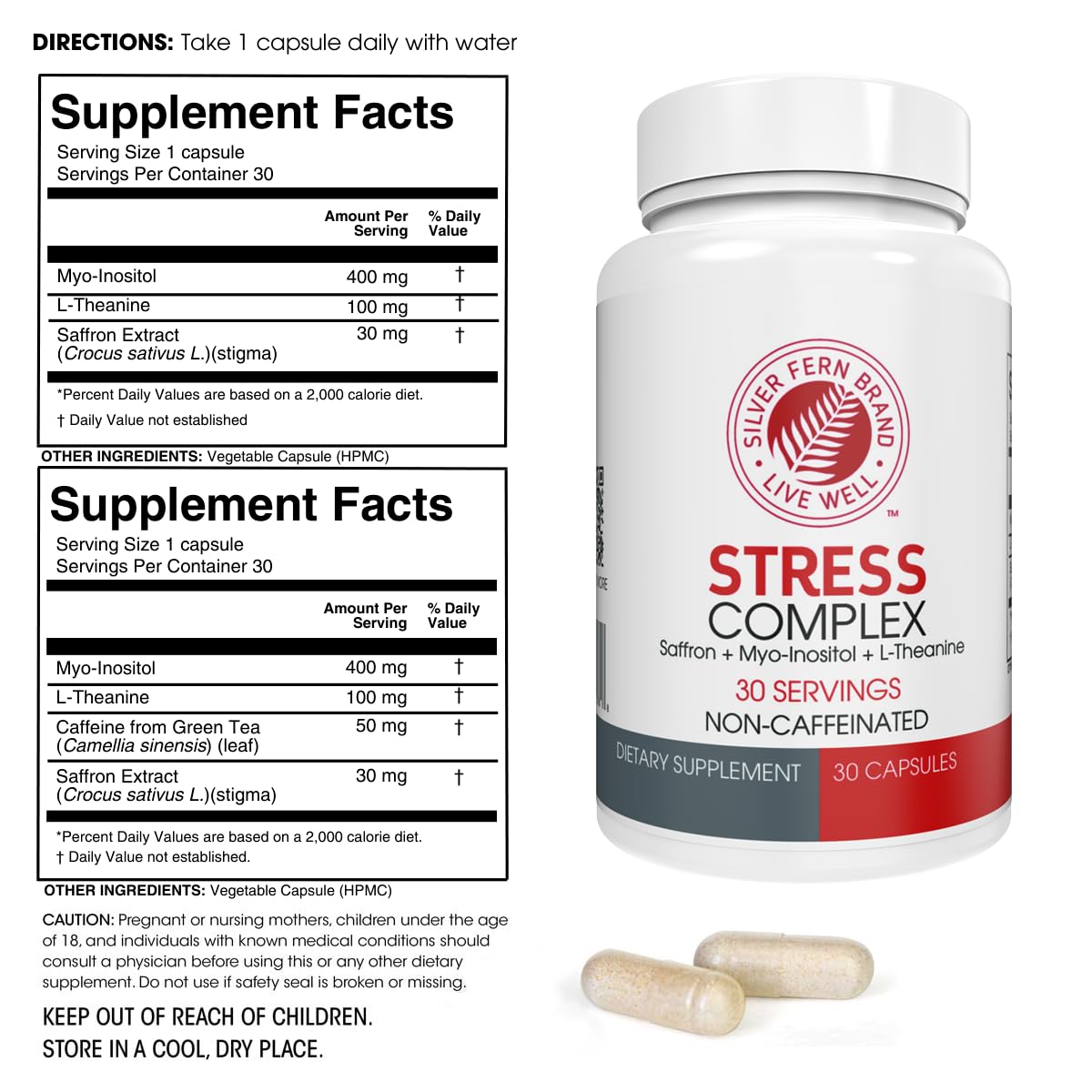 Silver Fern Stress Complex: capsules prêtes à avaler, sans caféine