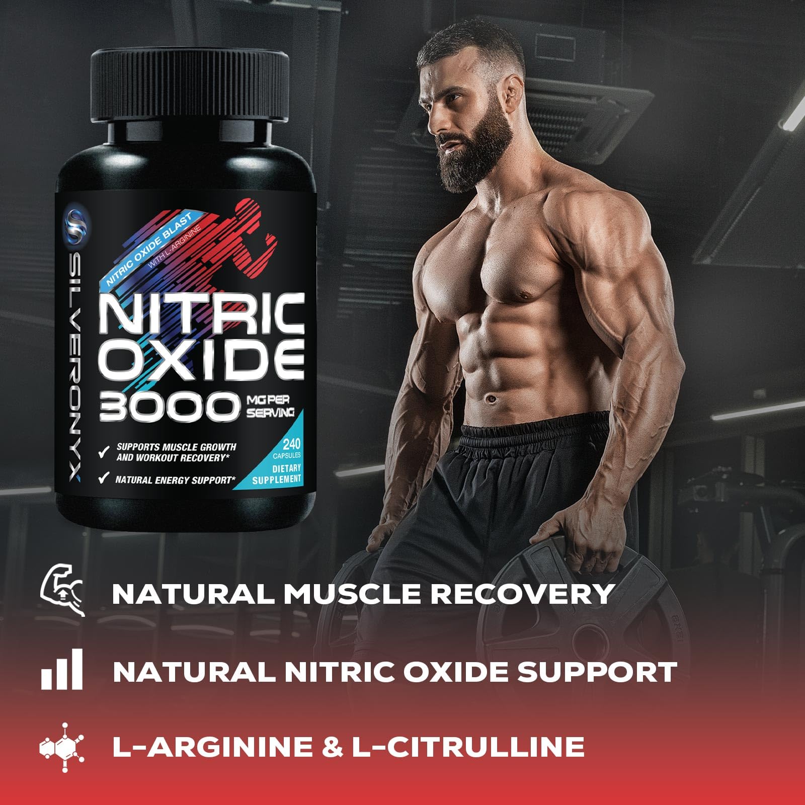 Étiquette SilverOnyx oxido nitrique 3000mg — dosage pré-entraînement visible.