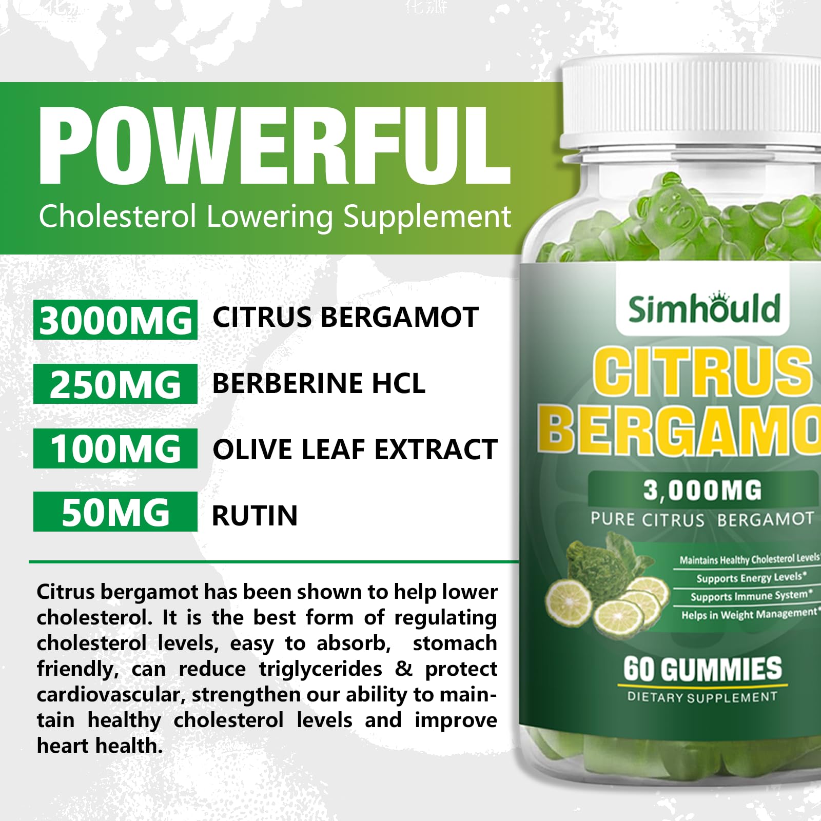 Gomme Simhould bergamote citronnée, étiquette lisible avec ingrédients et conseils.