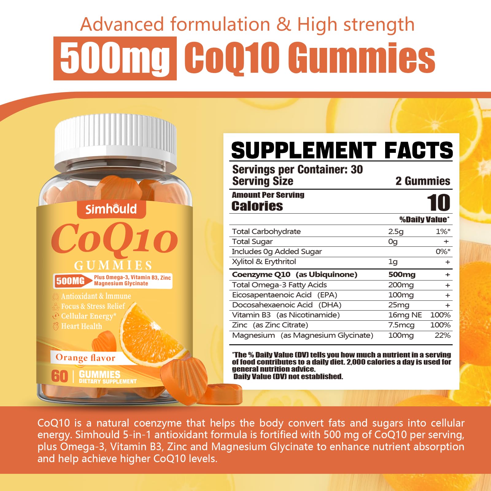 Gommes Simhould CoQ10 avec Oméga-3, absorption améliorée et énergie durable.