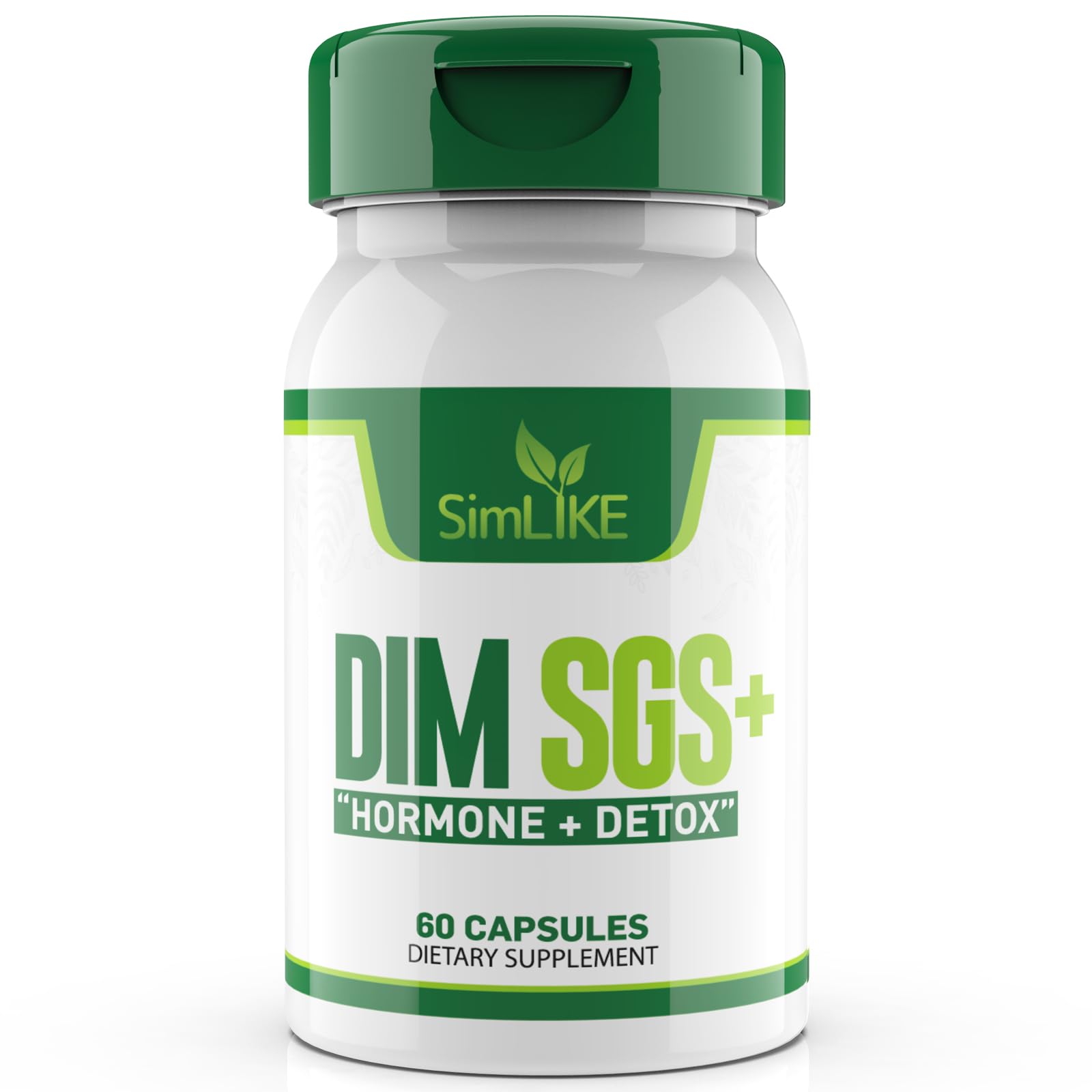 Simlike DIM Détox, bouteille sur table, soutien potentiel à l'équilibre hormonal.