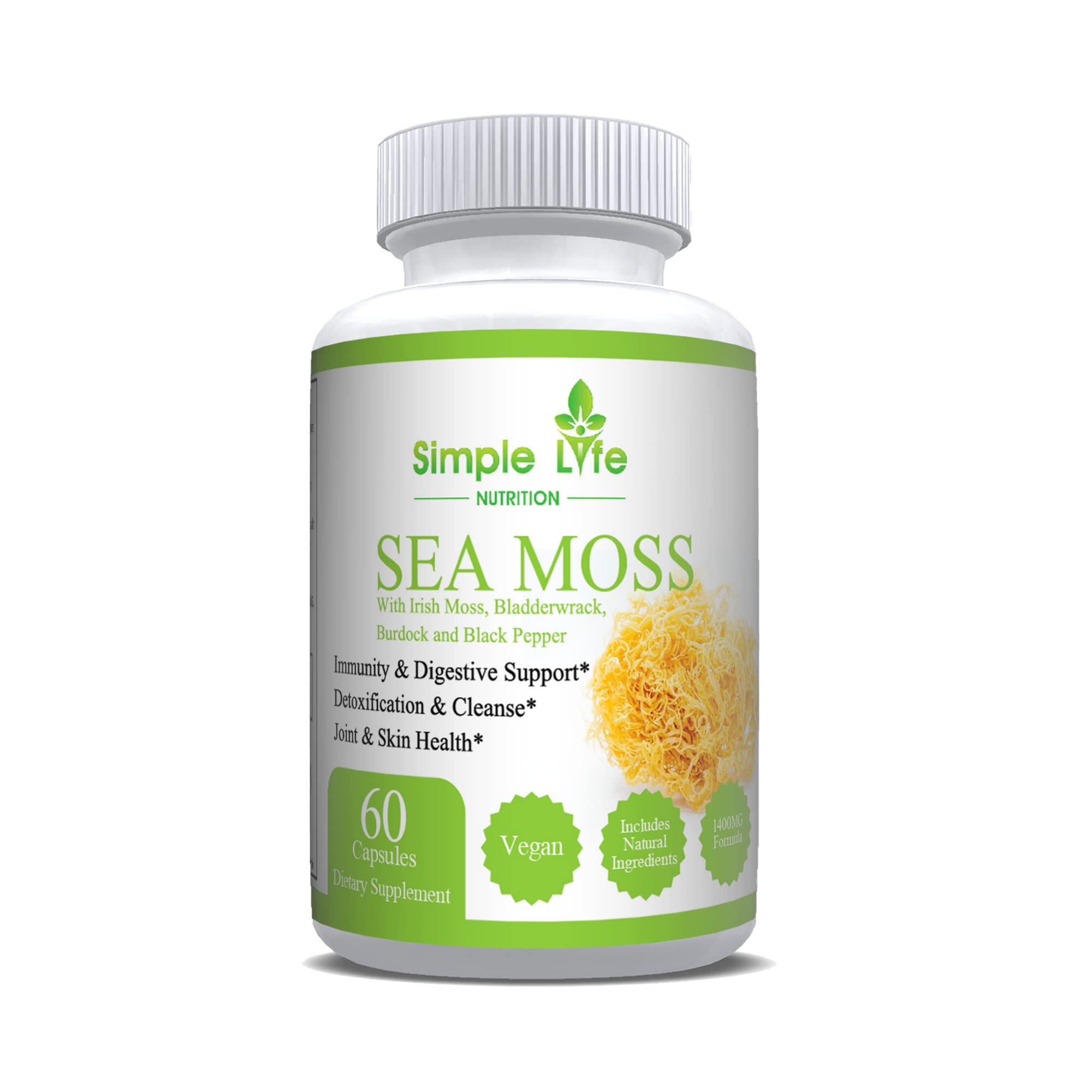 Simple Life Nutrition mousse de mer, bouteille pratique et soutien potentiel immunitaire.