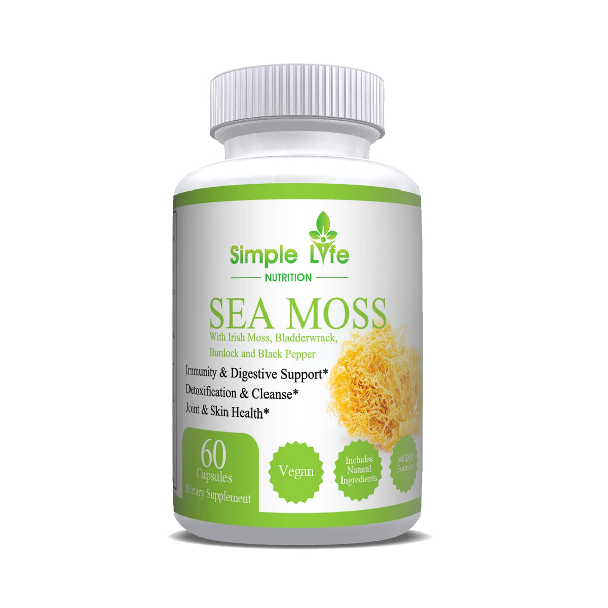 Simple Life Nutrition mousse de mer, bouteille pratique et soutien potentiel immunitaire.