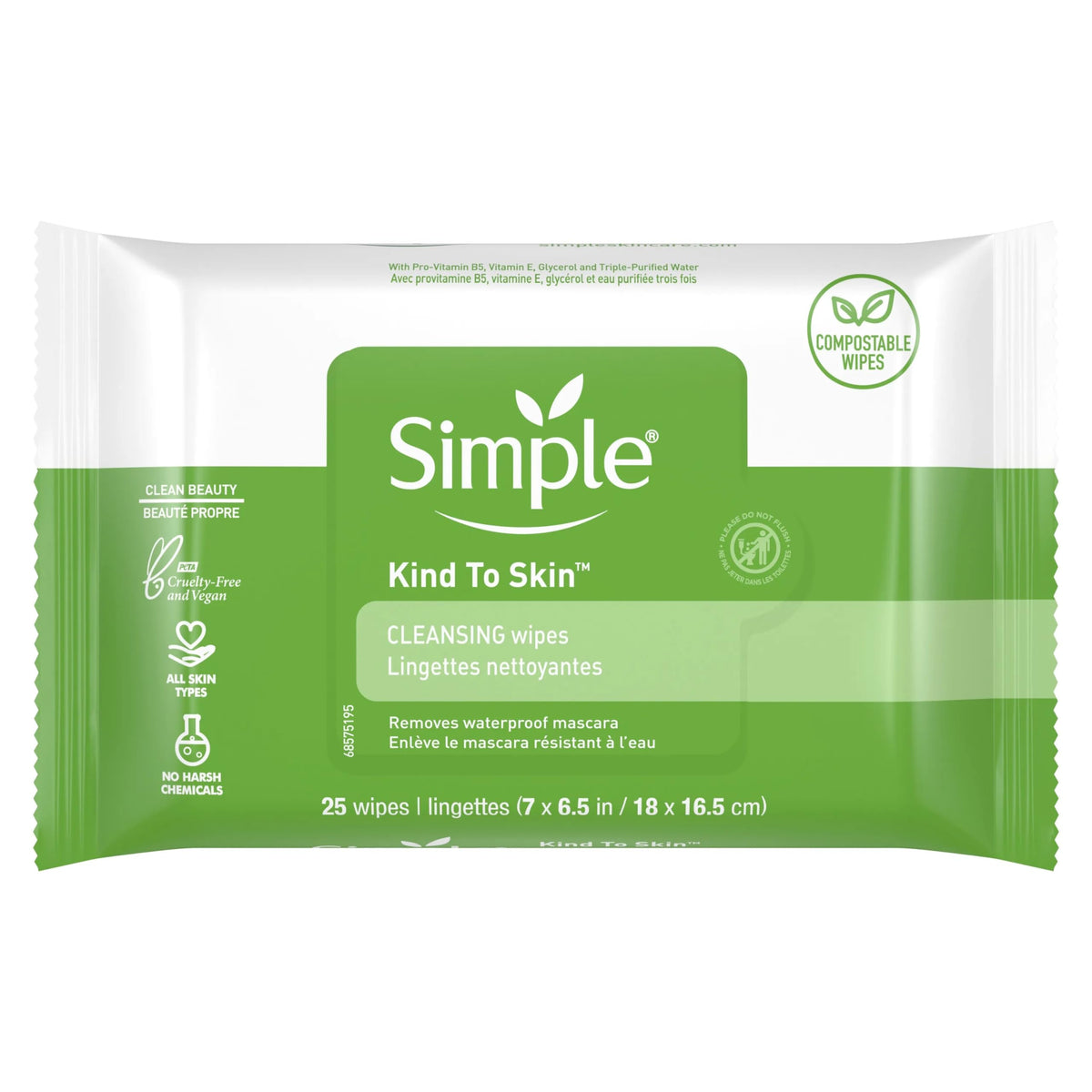 Lingettes Simple pour peau sensible, pack 3, 75 lingettes, nettoyage en douceur.