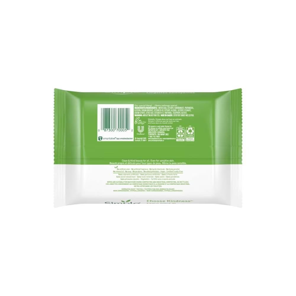 Texture douce des lingettes Simple pour démaquillage rapide sur peau sensible.