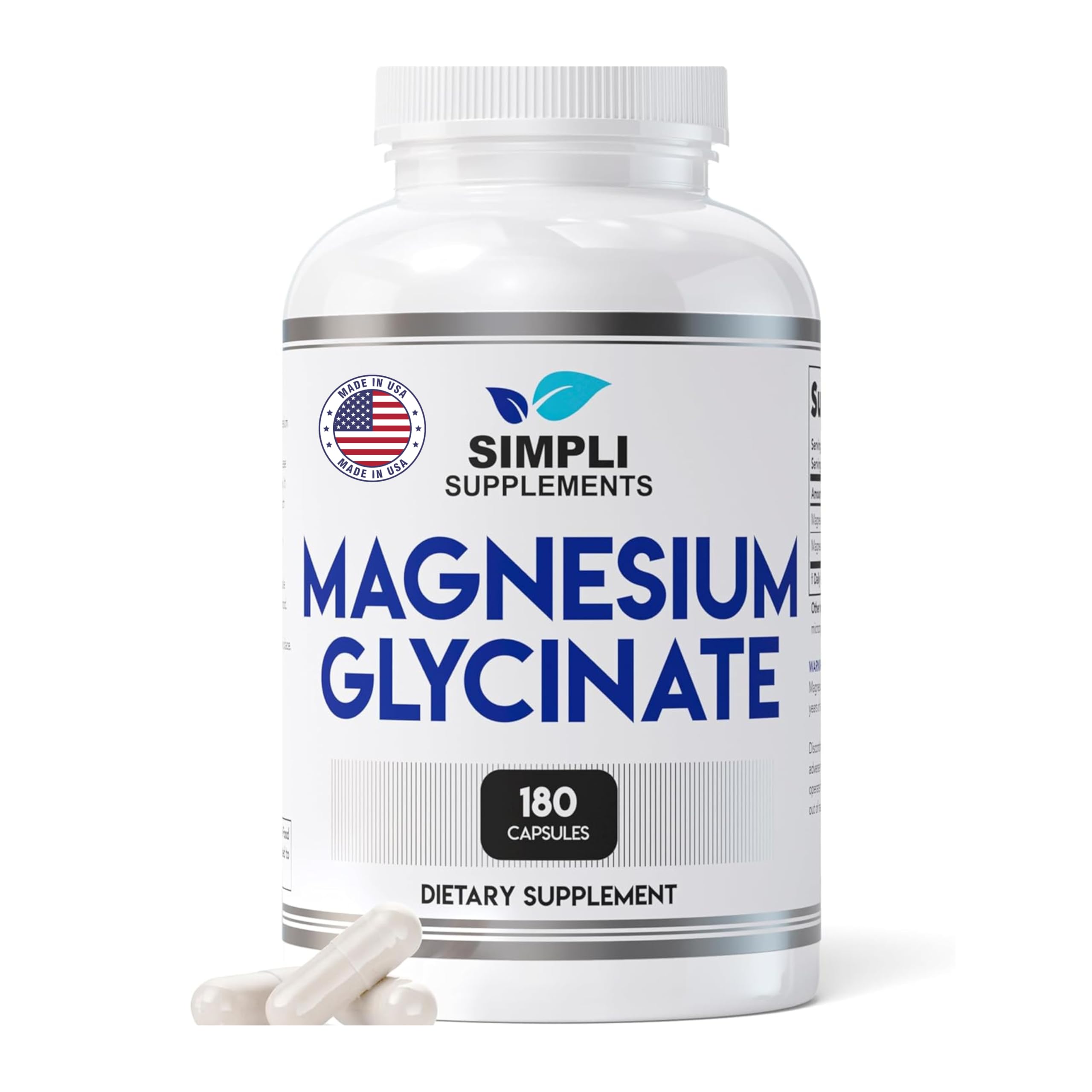 Simpli Supplements Magnésium Glycinate – bouteille 180 capsules, absorption élevée potentielle