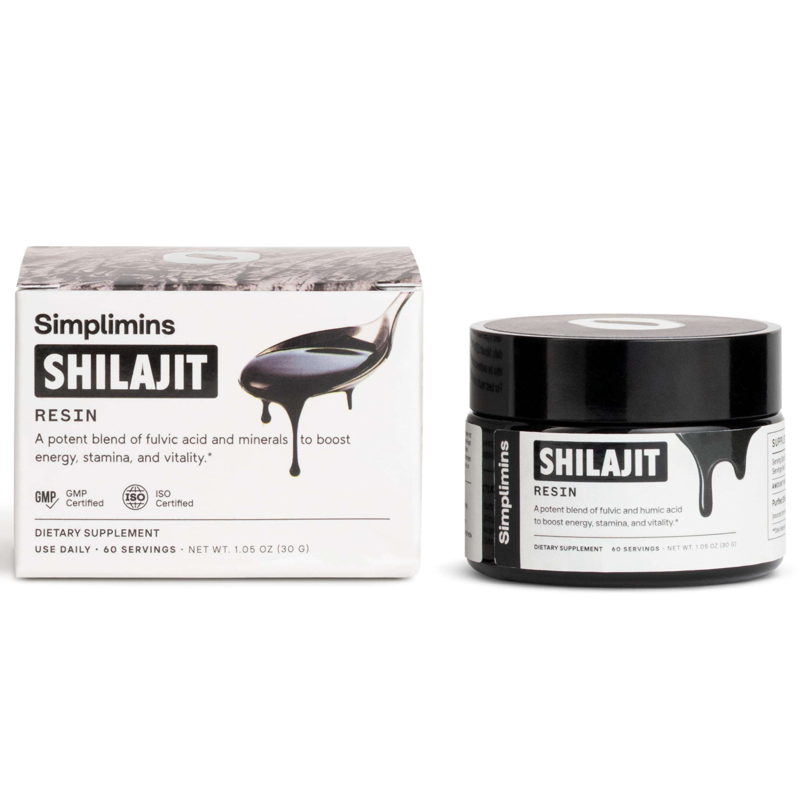 Emballage Simplimins Shilajit, pureté vérifiée et sans additifs.