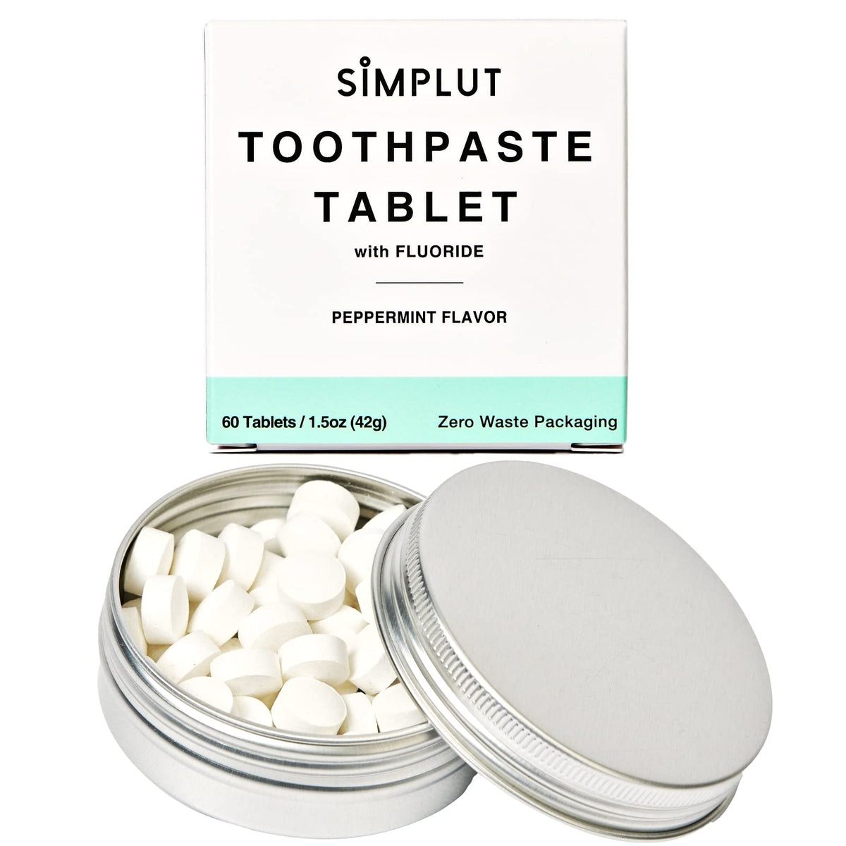 SIMPLUT tablettes dentaires fluorure dans un étui métallique, format voyage pratique.
