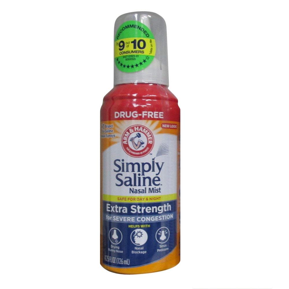 Simply Saline nébulisation nasale pour congestion sévère, flacon pratique et pack de six.