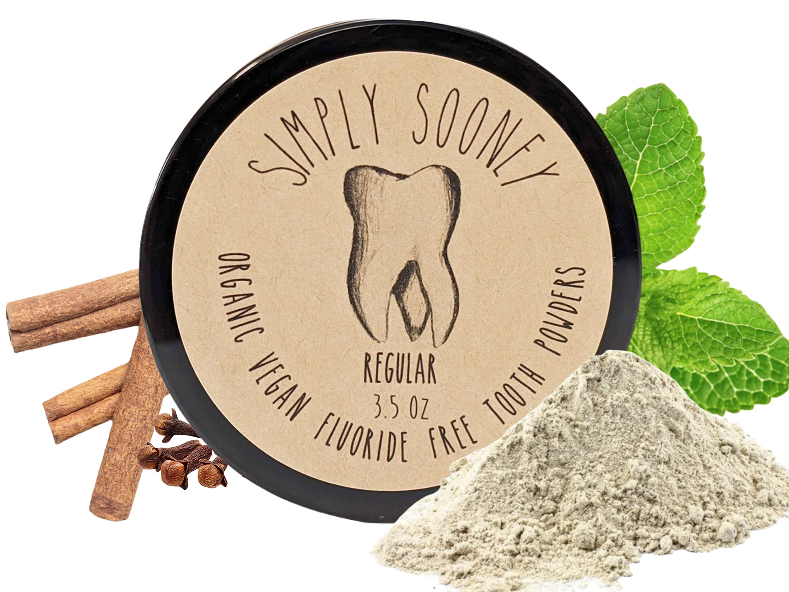 SIMPLY SOONEY poudre dentaire dans pot ambré sans BPA, pratique pour un brossage vegan sans fluorure.