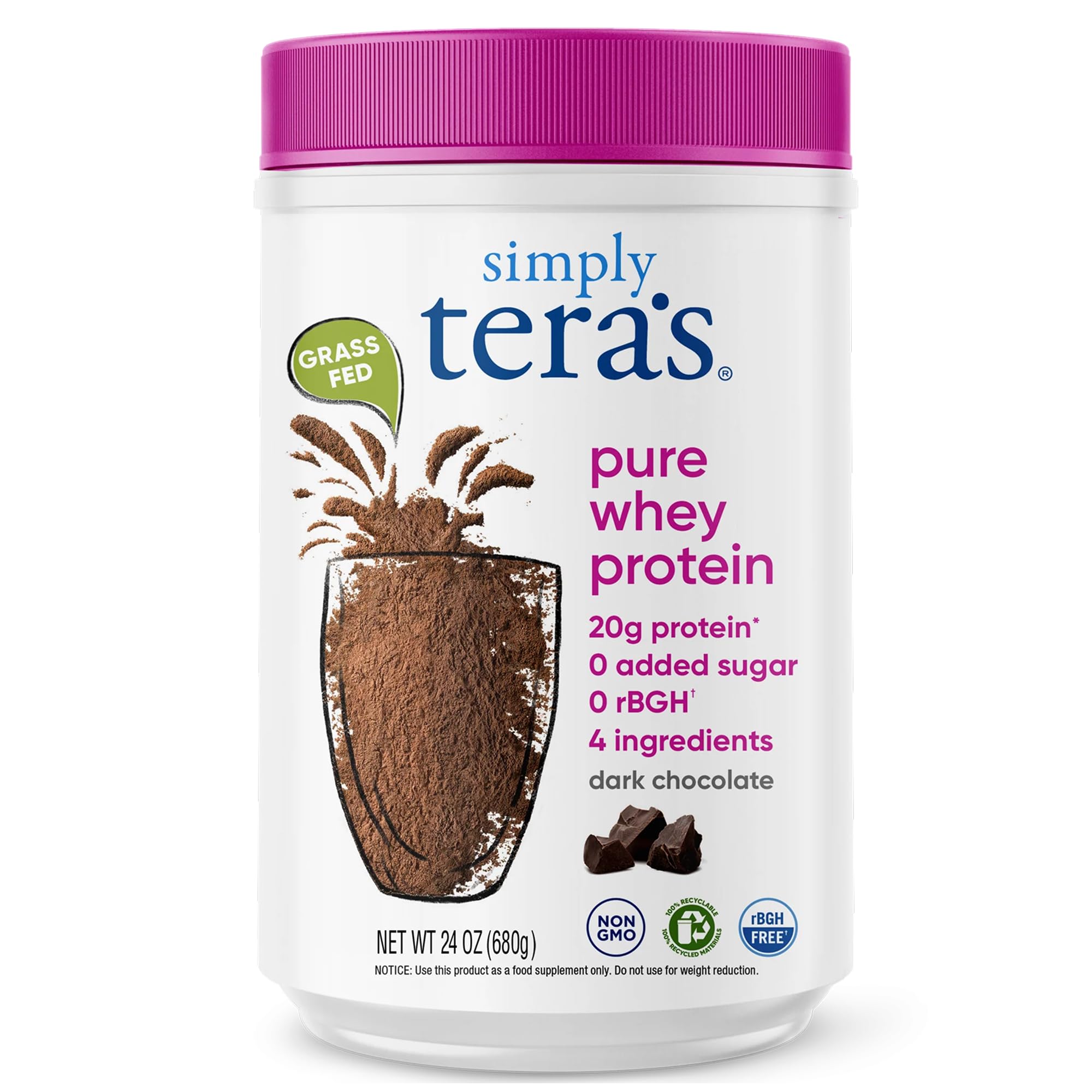 la poudre simply tera's protéine lactosérum pur chocolat noir en bouteille, idéale au petit-déjeuner.