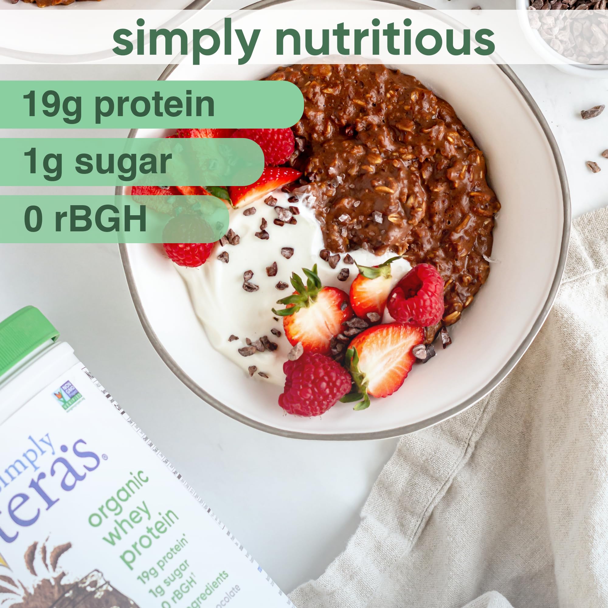 Ingrédients naturels chocolat et stévia; protéine whey Simply tera's sans édulcorants artificiels.