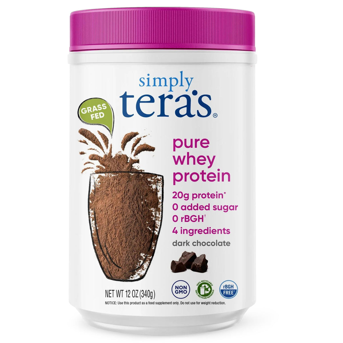 Protéine Simply tera's en poudre chocolat noir, emballage visible, riche en protéines.