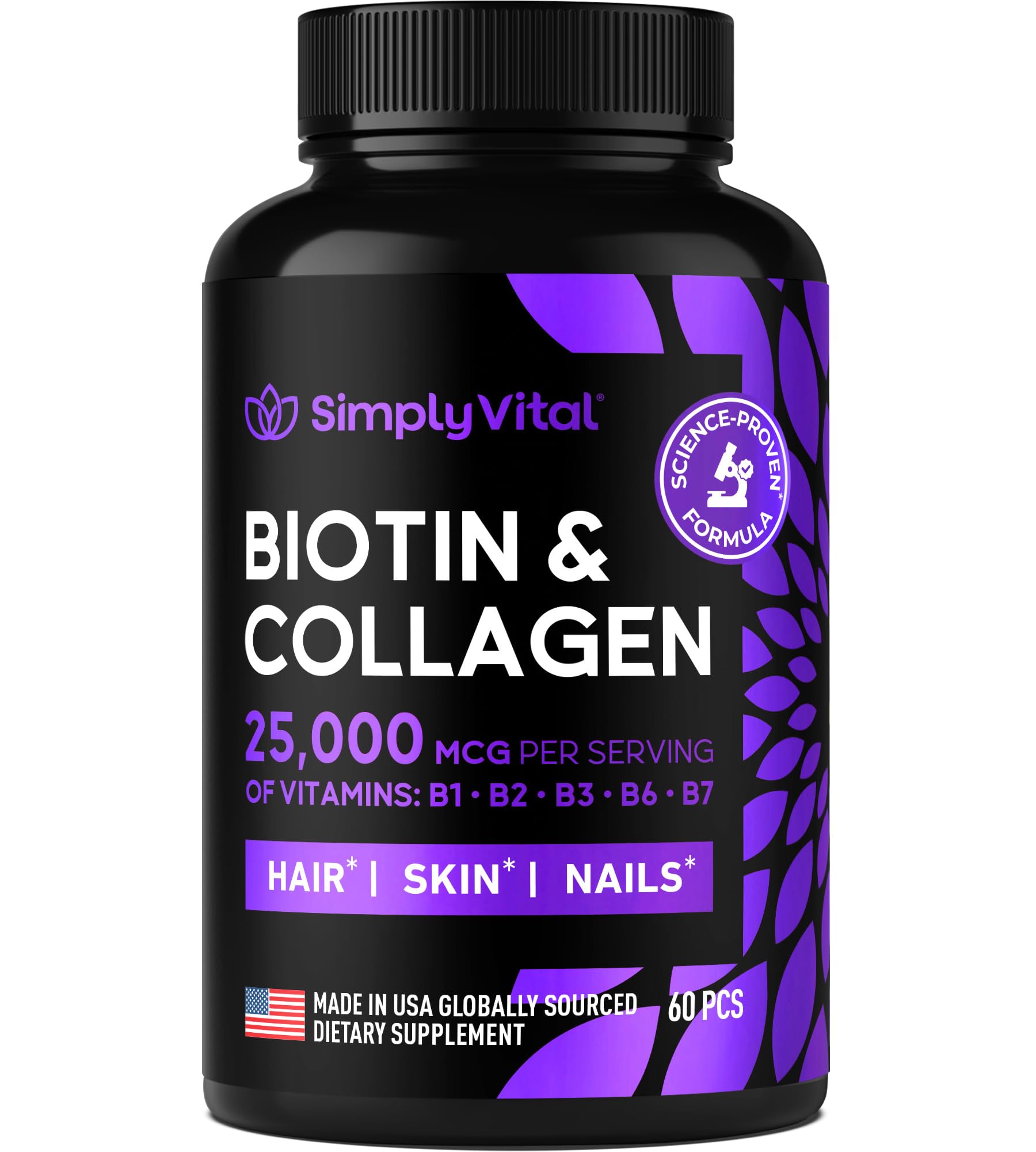 SimplyVital Biotine-Collagène-Kératine, flacon 60 capsules pour cheveux et peau