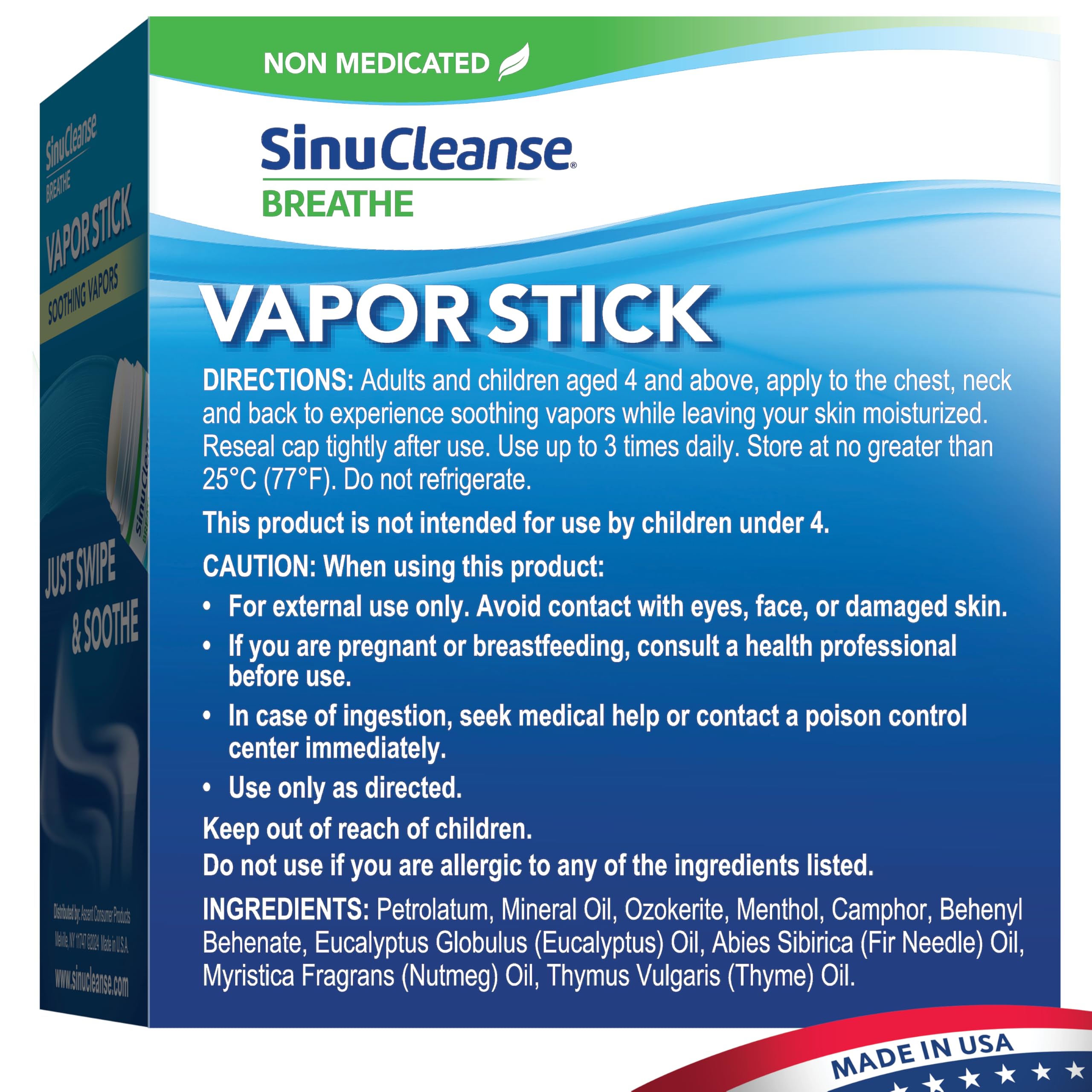SinuCleanse Vapor Stick fabriqué aux États‑Unis pour qualité et sécurité.