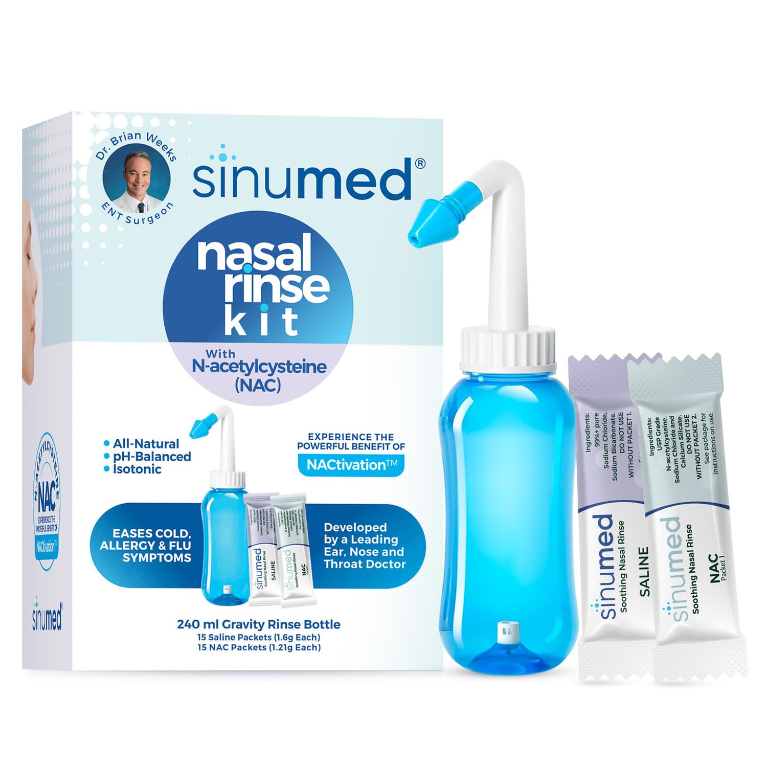 SinuMed rinçage nasal, bouteille gravité, flux doux pour respiration claire