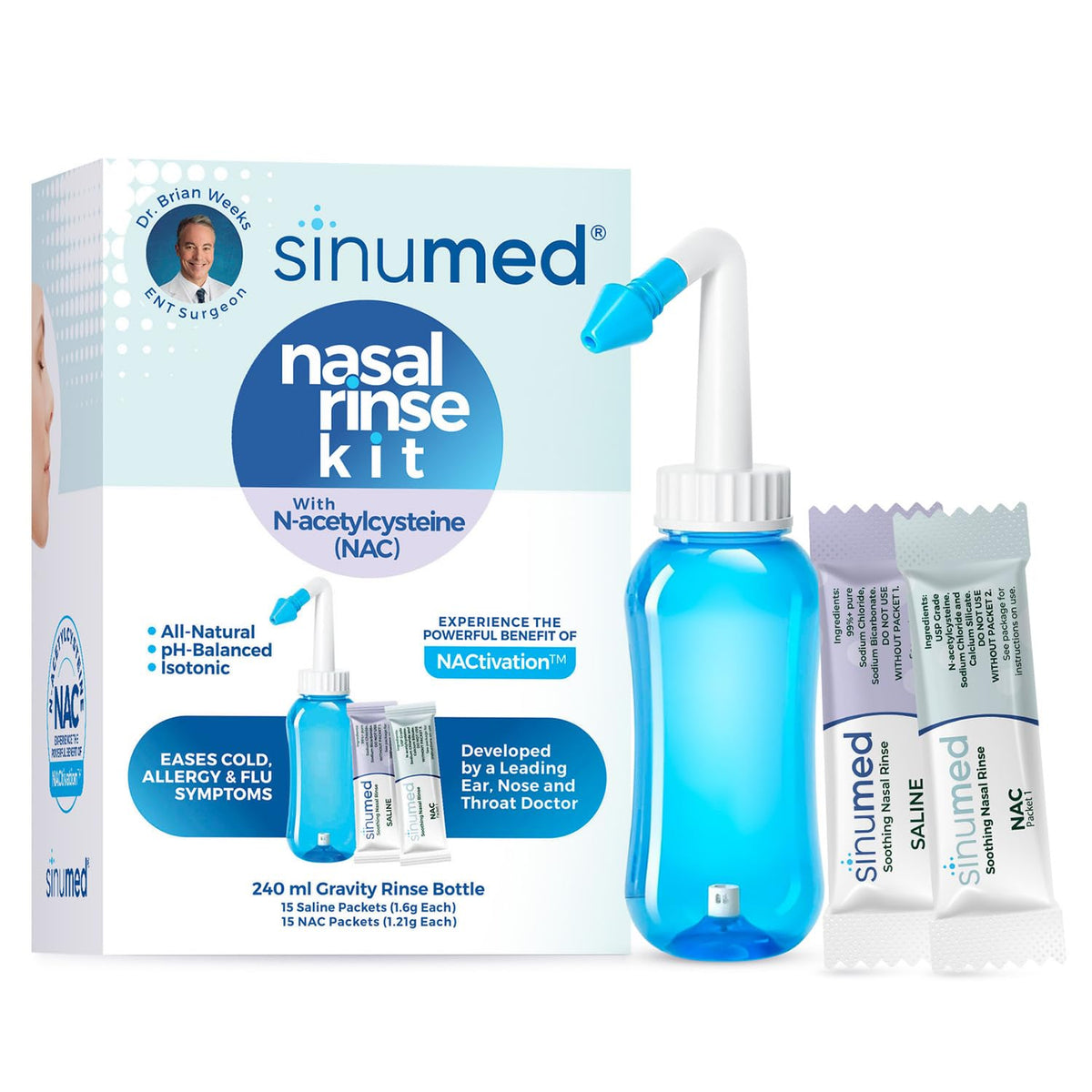 SinuMed rinçage nasal, bouteille gravité, flux doux pour respiration claire