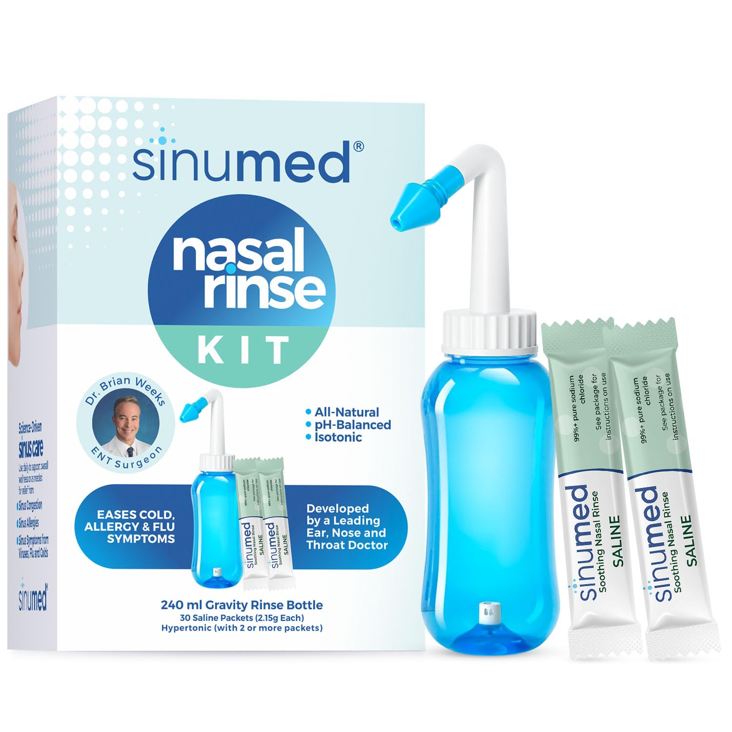 SinuMed Sinus Rinse avec bouteille à gravité facilitant le rinçage nasal.