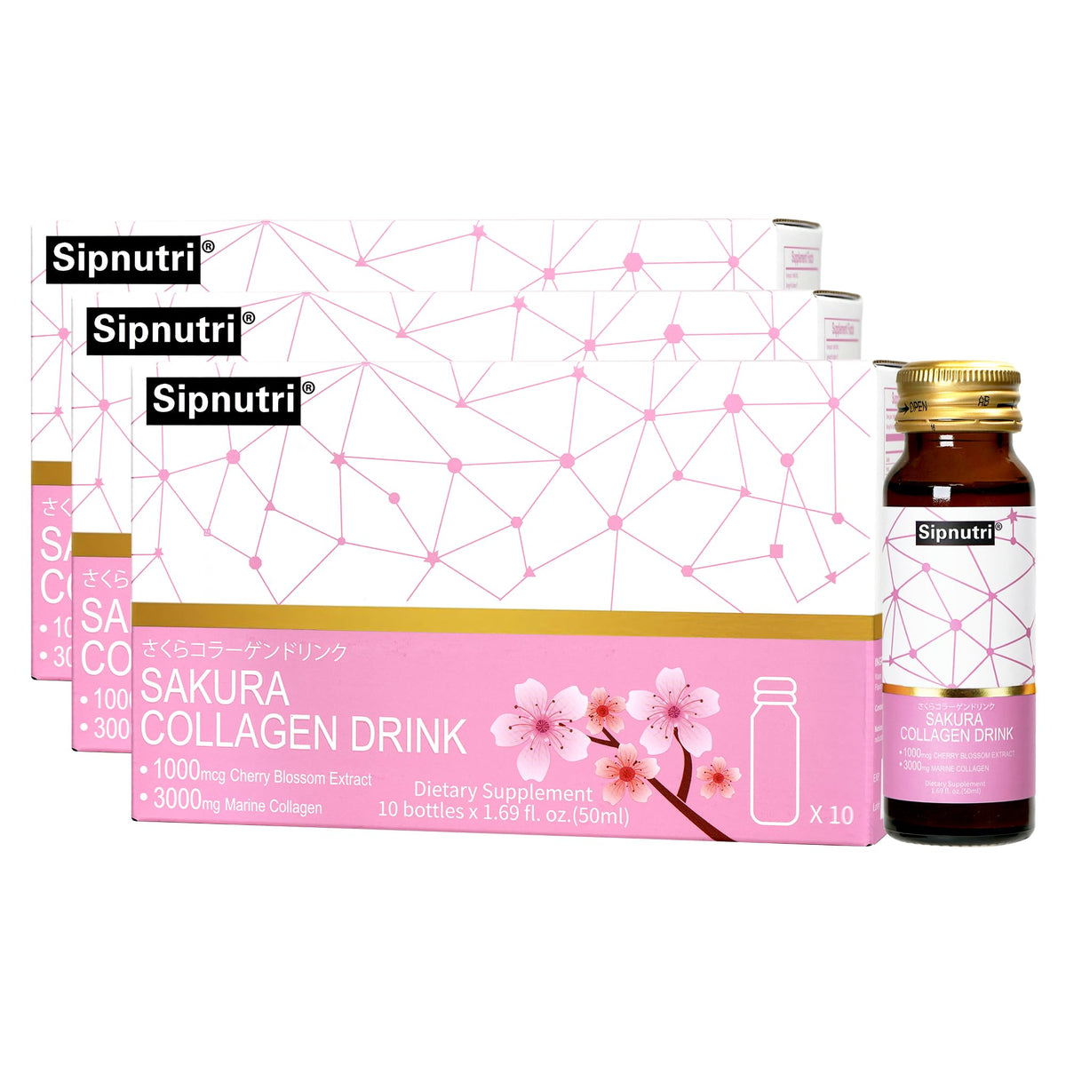 Sipnutri Sakura Collagen, bouteille de 50 ml prête a boire pour une hydratation pratique.