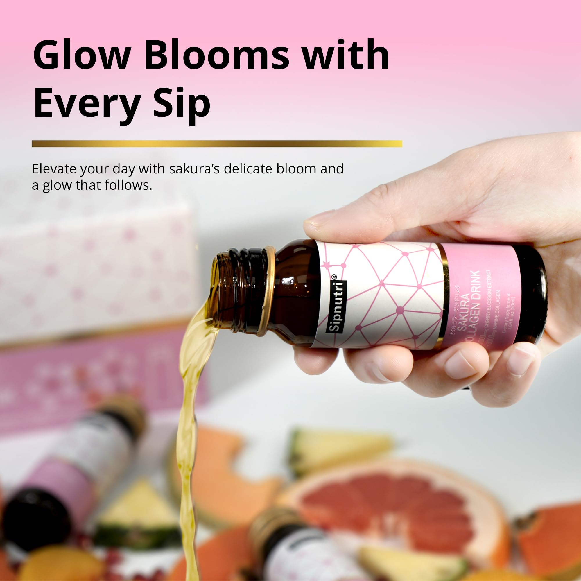 Sipnutri Sakura Collagen, etiquette et bouchon faciles a saisir, format pratique.