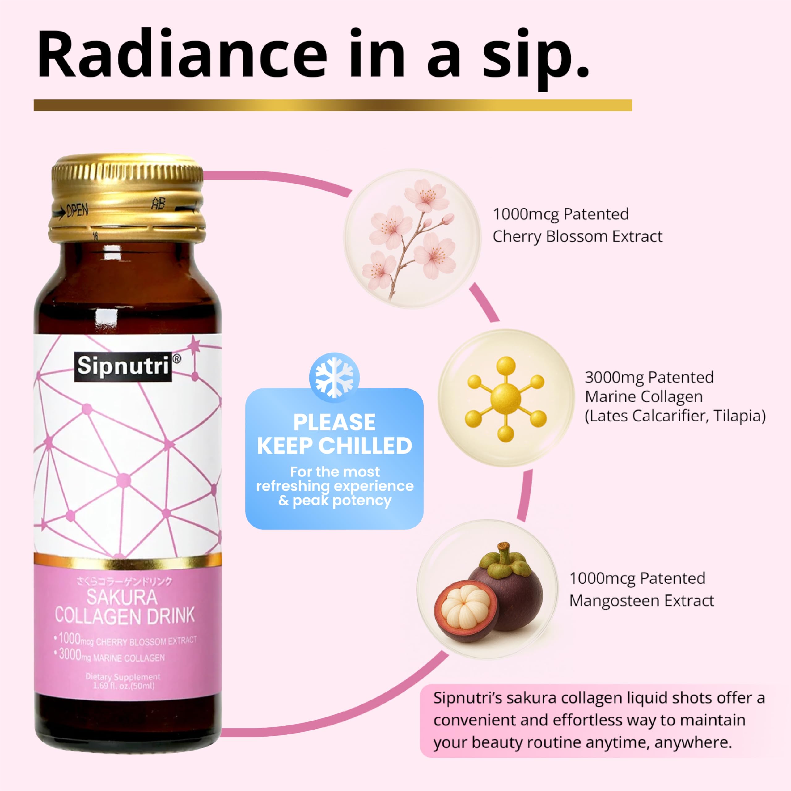 Sipnutri Sakura Collagen, verre servi avec glaçons pour une degustation rafraichissante.