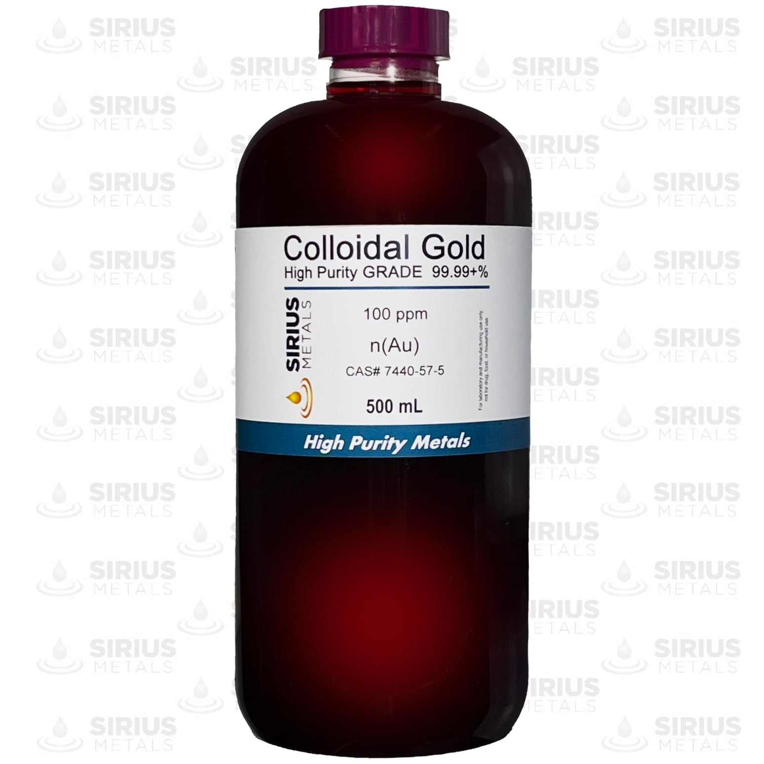 Sirius Metals or colloïdal 100ppm, bouchon noir et étiquette, emballage sûr pour laboratoire