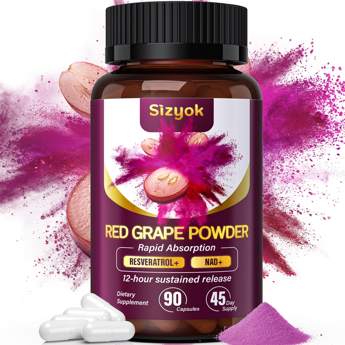 Sizyok Piceid Resveratrol et NAD+ bouteille montrant soutien énergétique et circulation