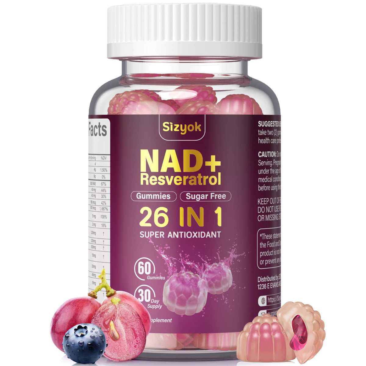 Gommes Sizyok NAD Resveratrol: bouteille visible, soutien potentiel d'énergie.