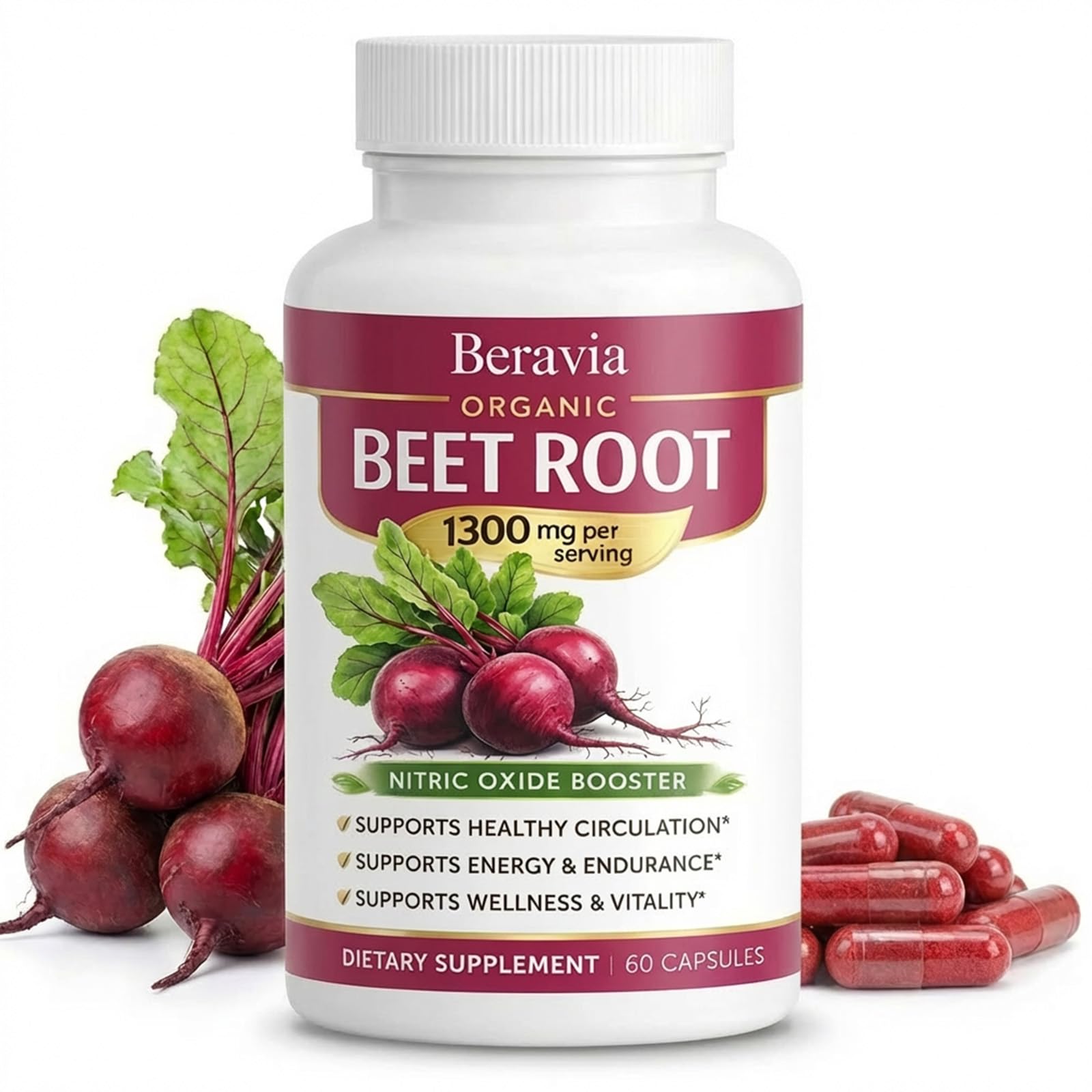 Skaal Beravia: capsules de betterave bio dans une bouteille pratique, apport naturel.