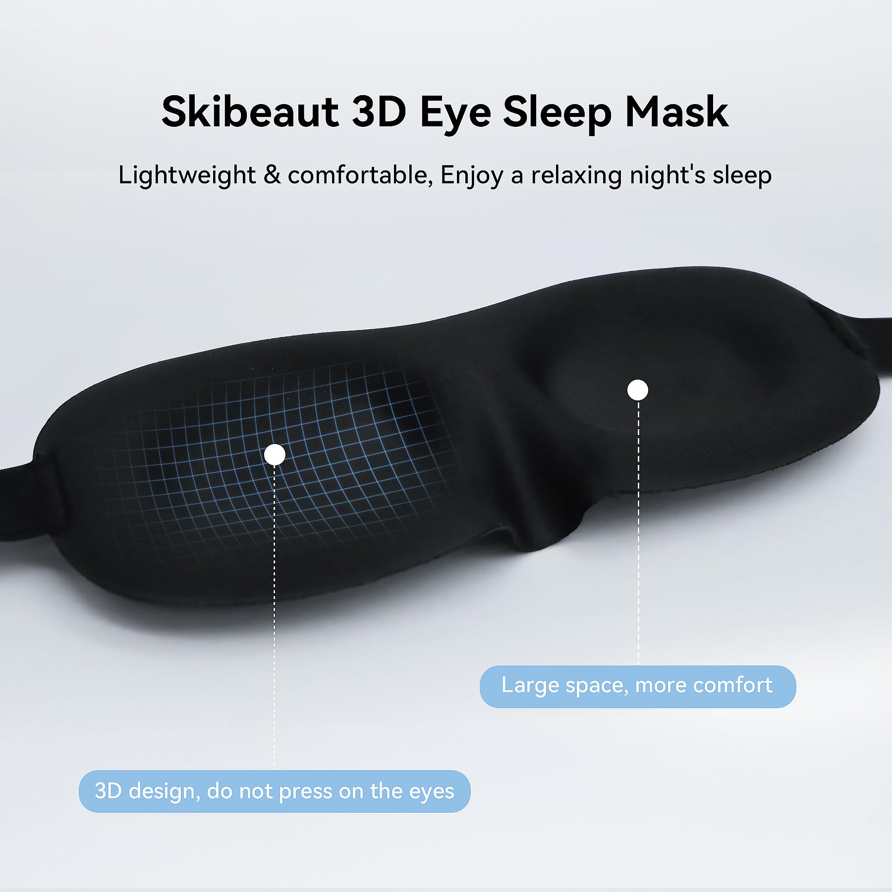 Masque yeux SkiBeaut 3D, design unique, soutien doux et ajustement sûr pour dormir.