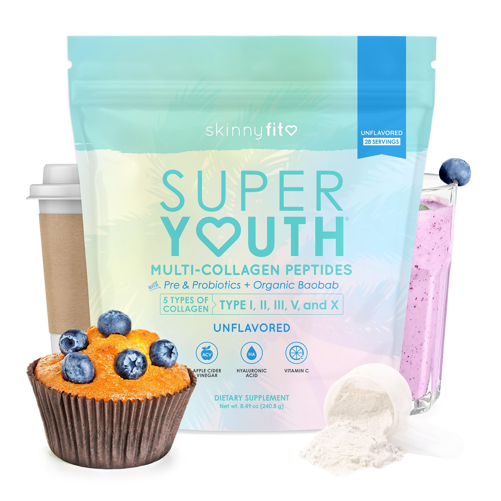 SkinnyFit Super Youth Collagène en bouteille, prête à mélanger pour soutenir peau et articulations.