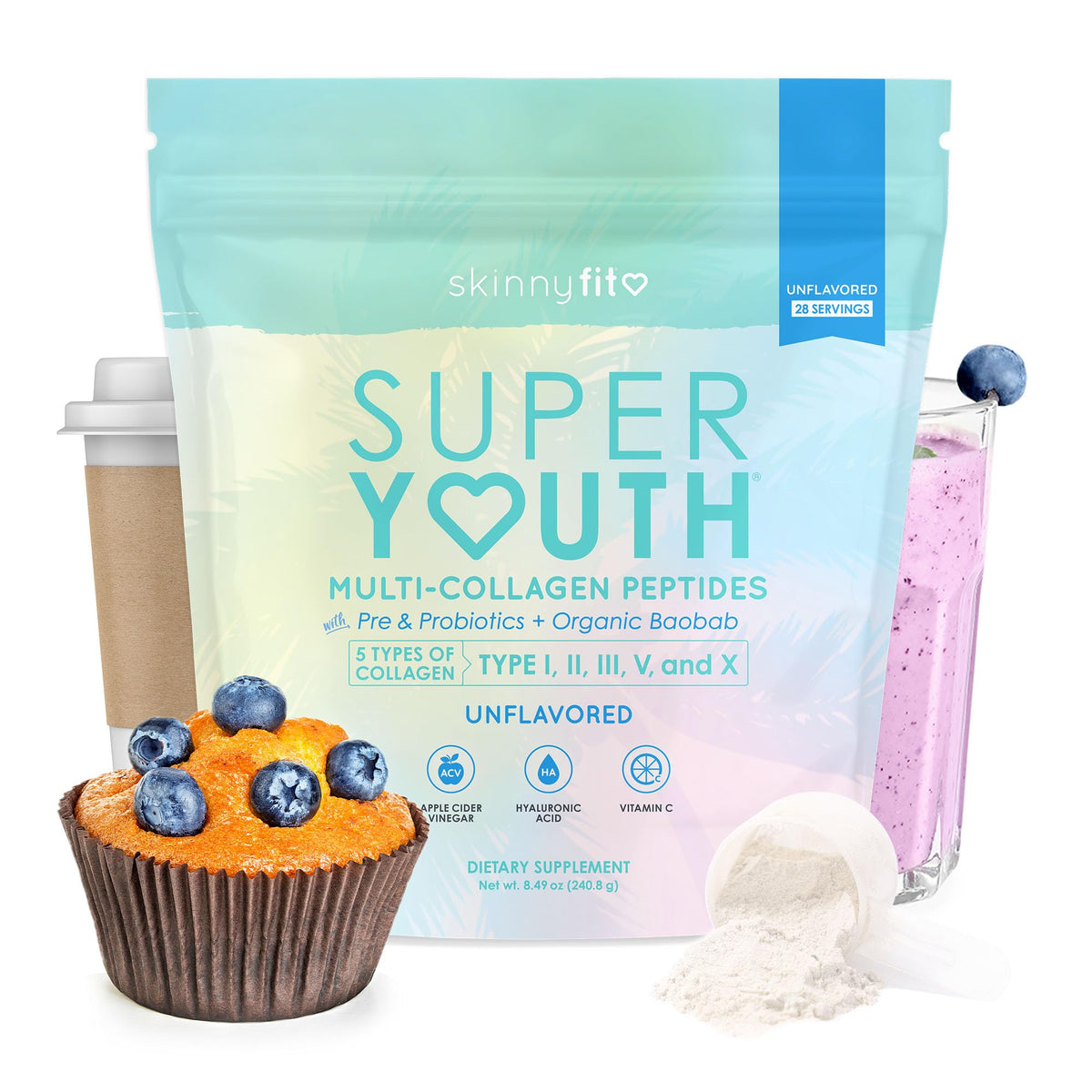 SkinnyFit Super Youth Collagène en bouteille, prête à mélanger pour soutenir peau et articulations.