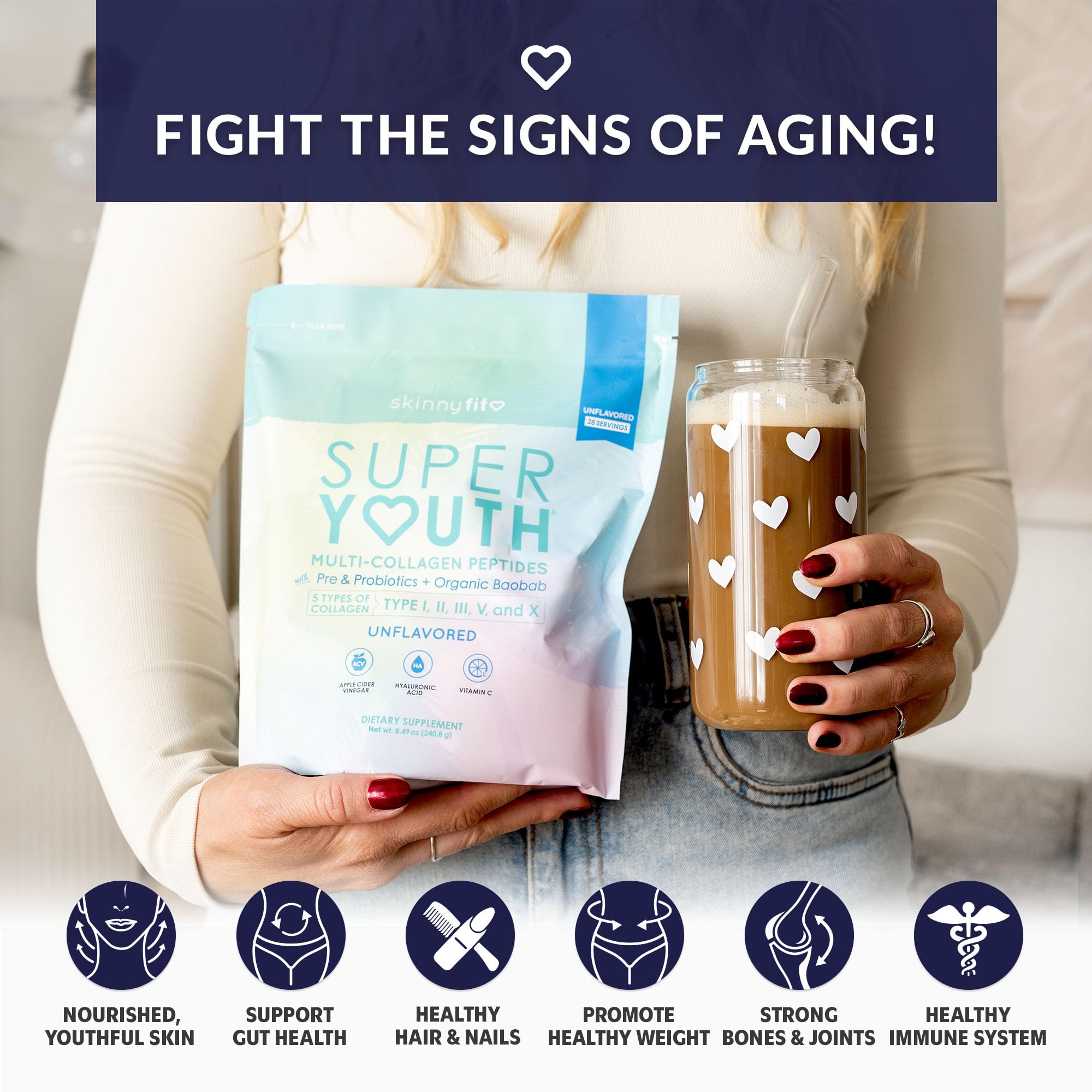 SkinnyFit Super Youth Collagène avec prébiotiques et probiotiques pour l équilibre intestinal.
