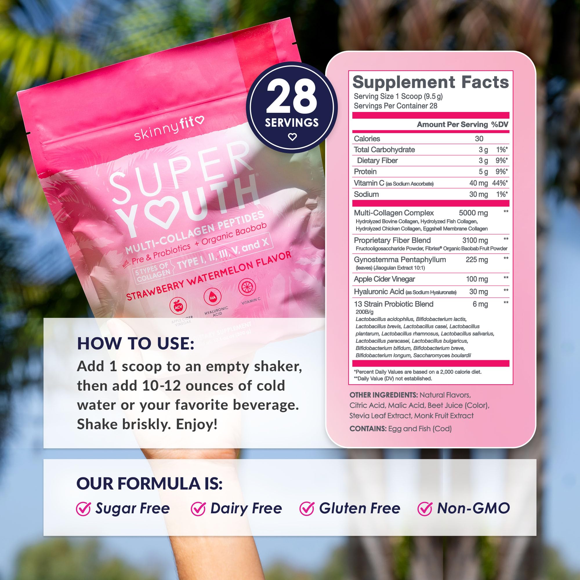 Tableau-ingrédients SkinnyFit Super Youth Collagen, montre probiotiques et fibres pour l’équilibre digestif.