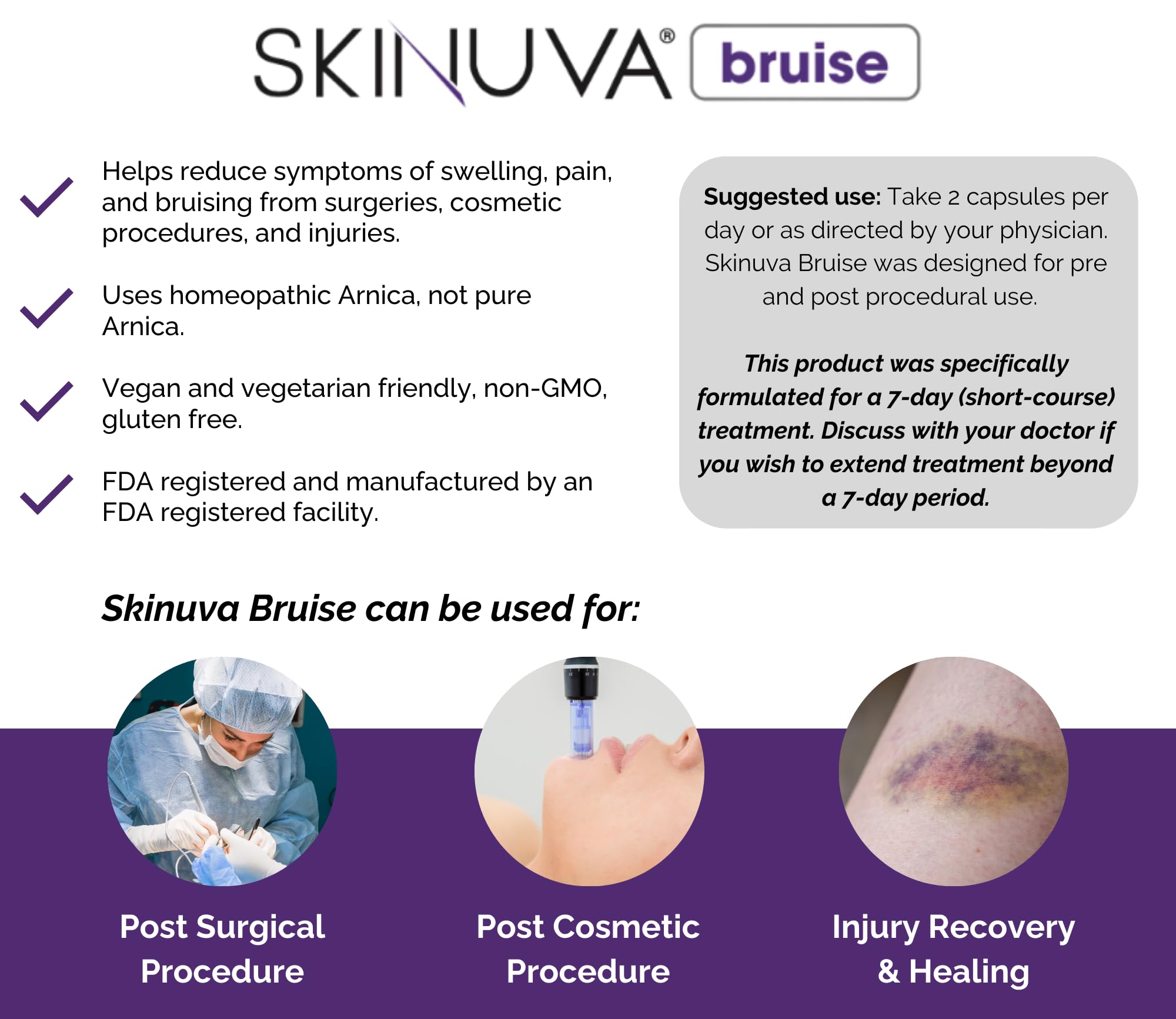 Skinuva Bruise – bouteille sur table de bain, routine post‑op possible