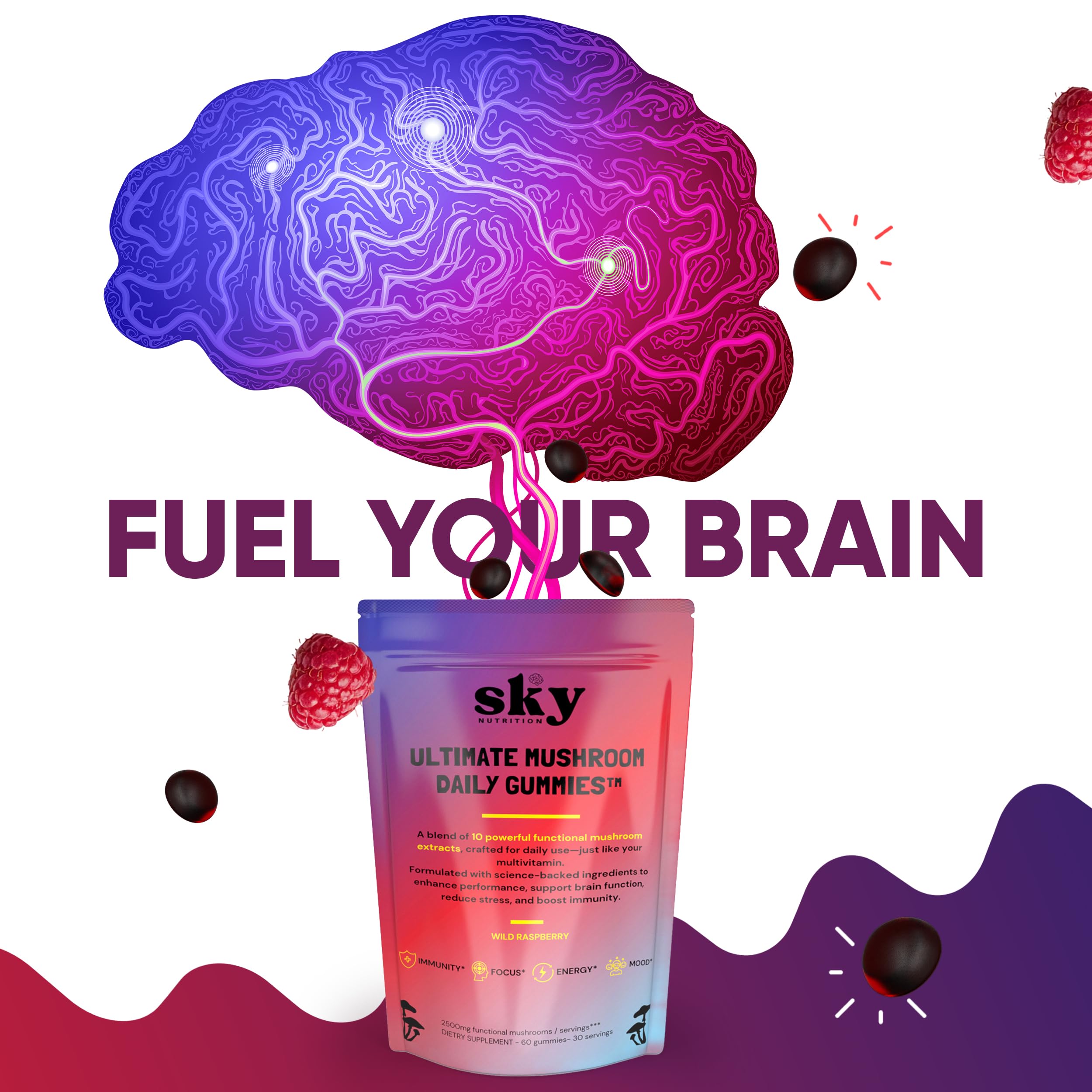 Gommes véganes SKY NUTRITION avec saveur fruitée et sans gélatine.