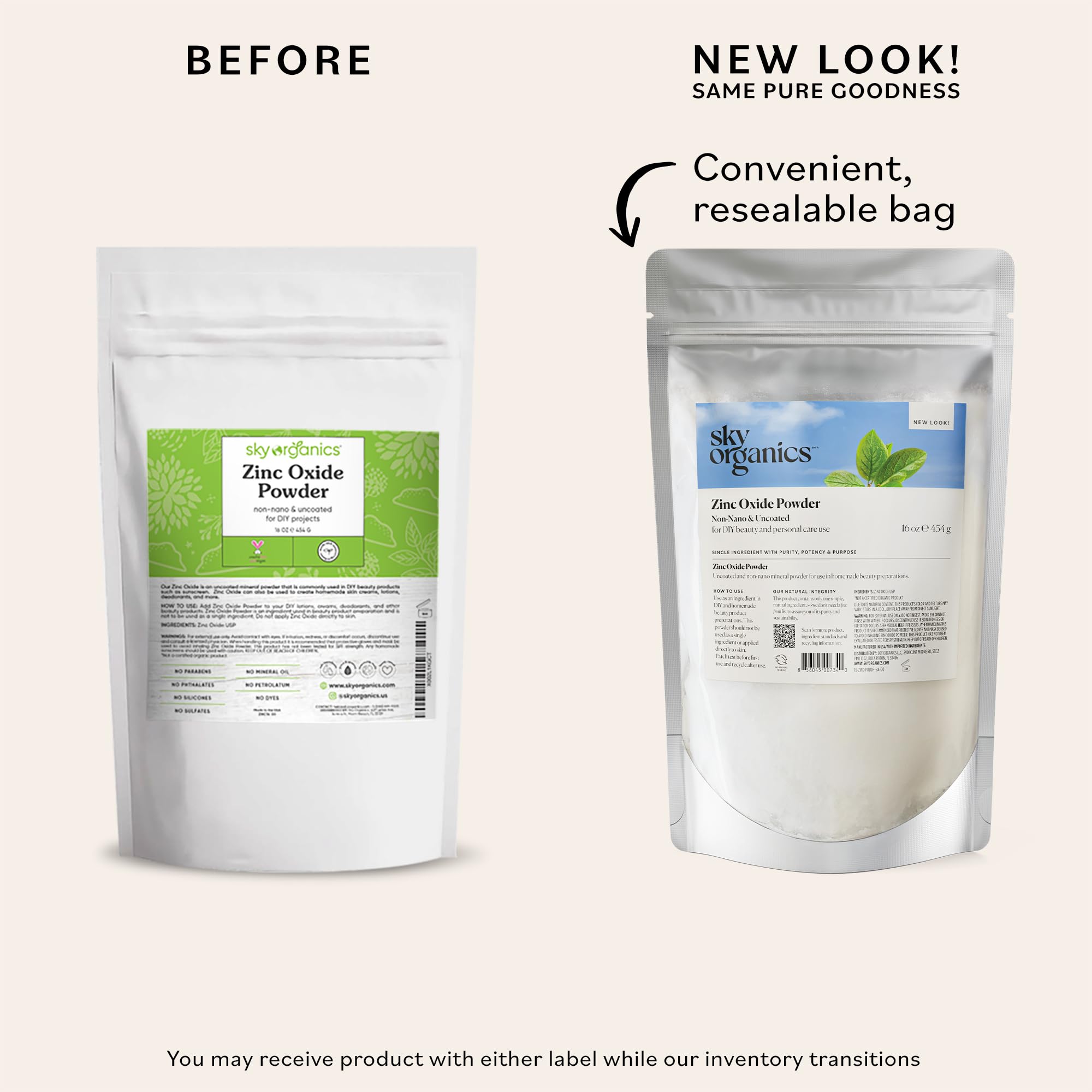 Sky Organics poudre oxyde zinc en sachet, base neutre idéale pour recettes cosmétiques naturelles.