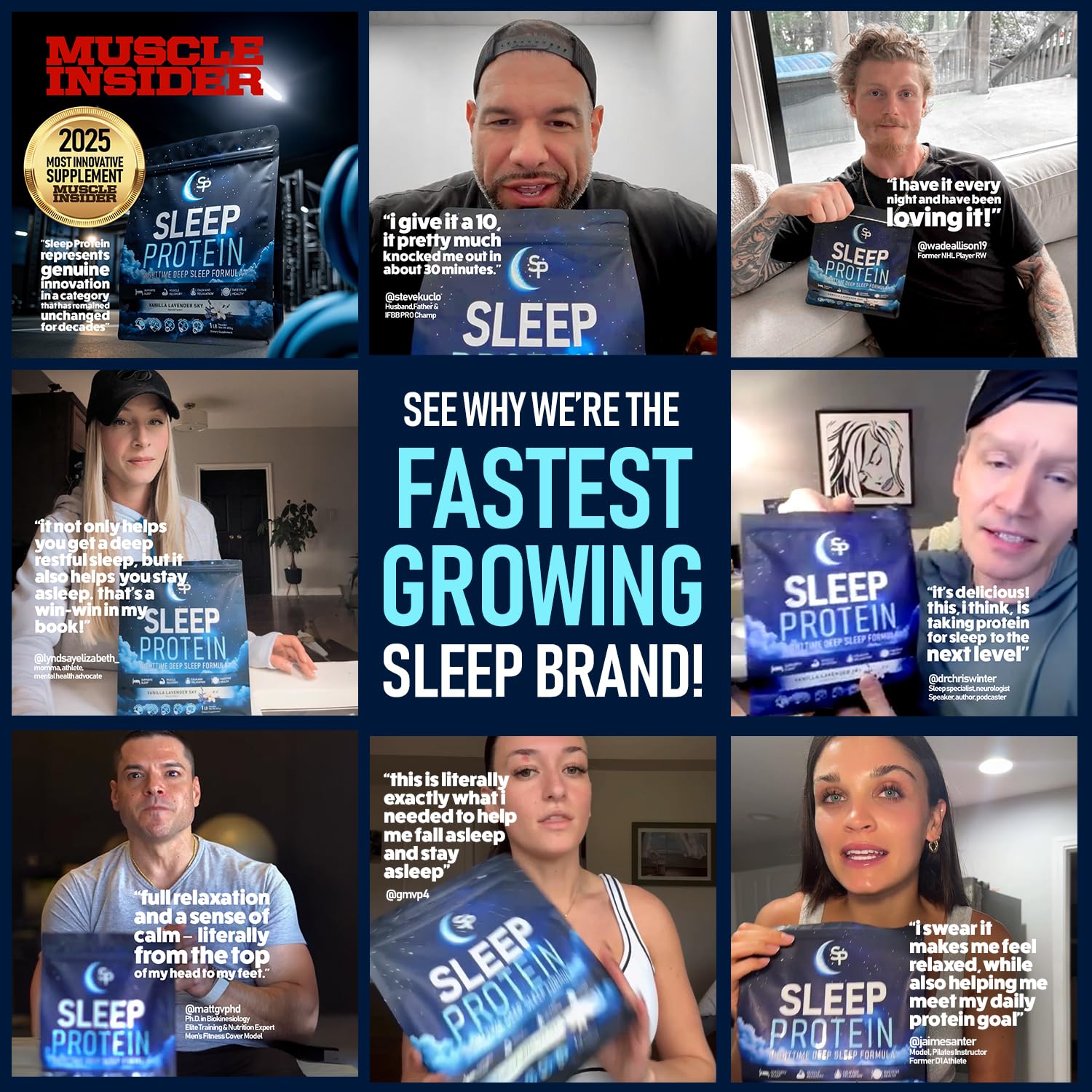 Sleep Protein emballage design – présentation pratique et esthétique sur table de nuit.
